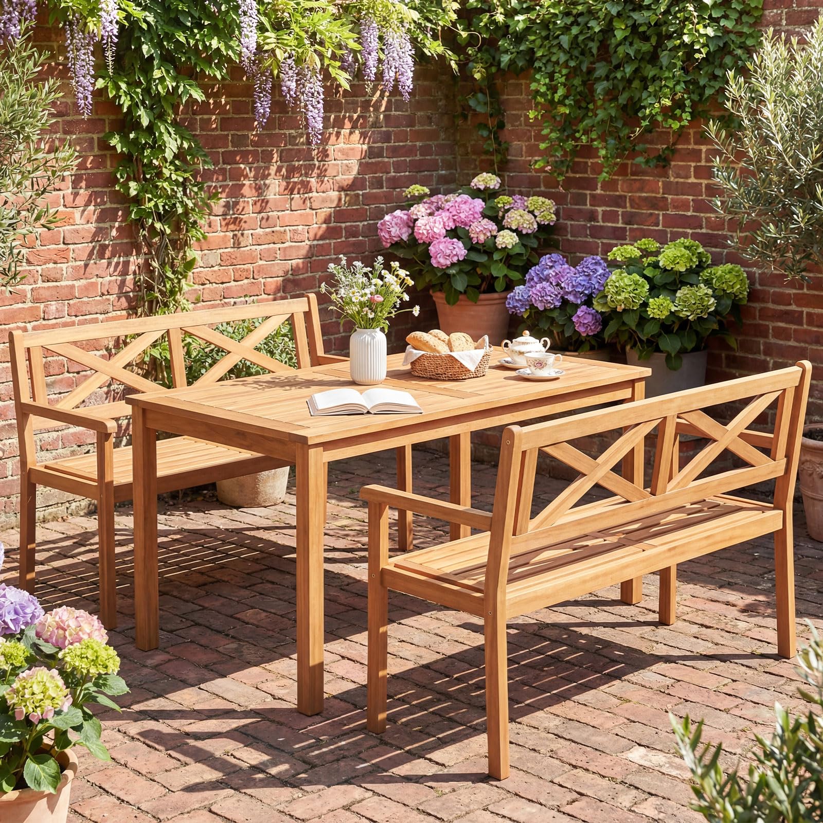 COSTWAY Banc de Jardin en Bois d'Acacia, Banc Exterieur Jardin 2 Places, Dossier Incliné à Motif Géométrique, Charge 360 KG, Accoudoirs, Banquette pour Terrasse Parc Patio Balcon, 119 x 56 x 80 cm