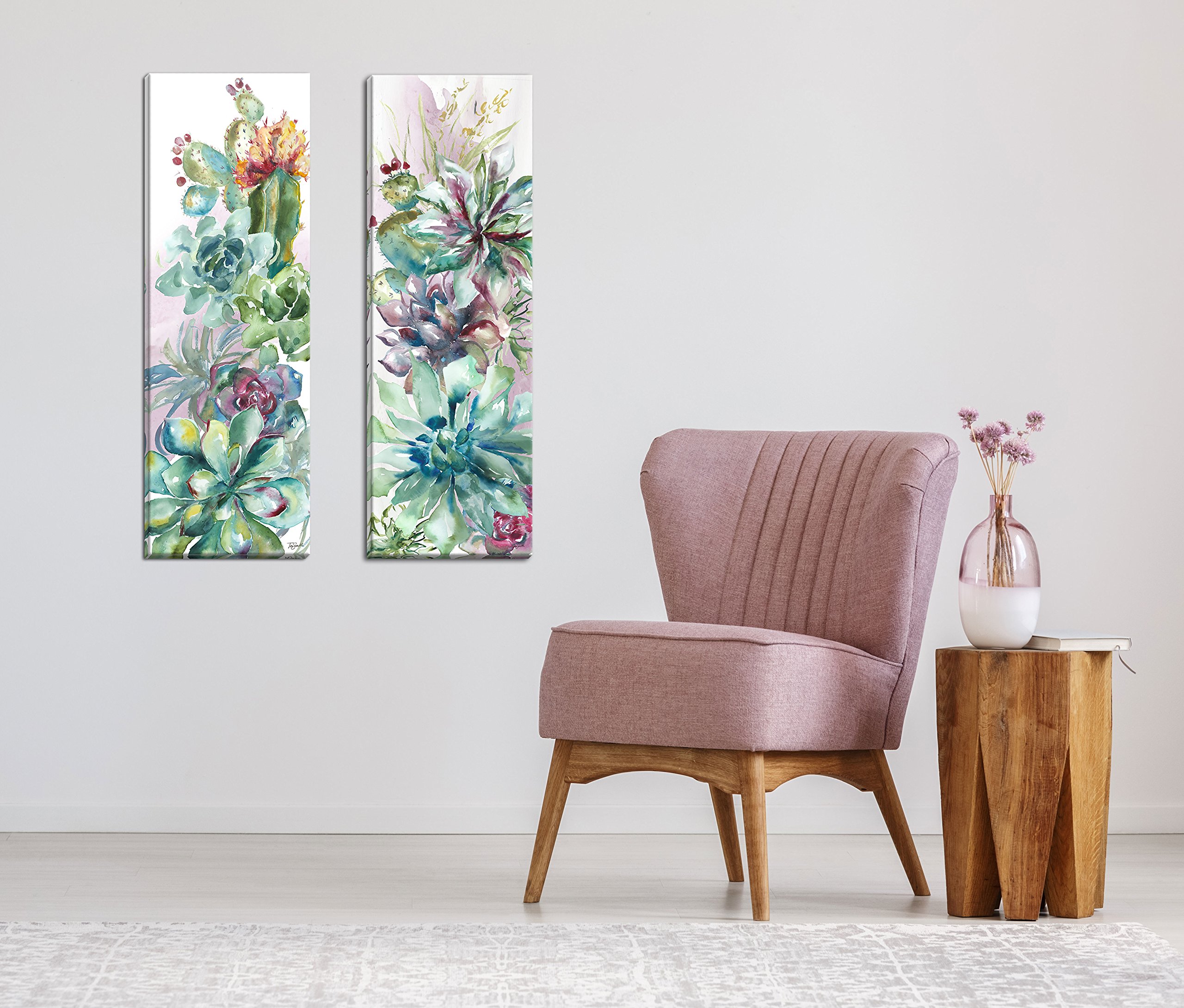 Roaring Brook Beautiful Watercolor-Style Succulent Floral Panels by TRE Sorelle Studios; Two 12x36in Hand-Stretched Canvases