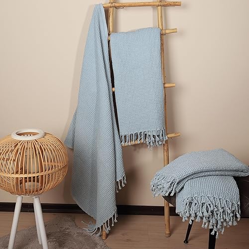 Miniatura 6 de PÜSKÜL - Toallas turcas de playa de algodón ultra suave con tejido de gofre, 67 x 33 pulgadas, paquete de 2 unidades (azul claro, 2)