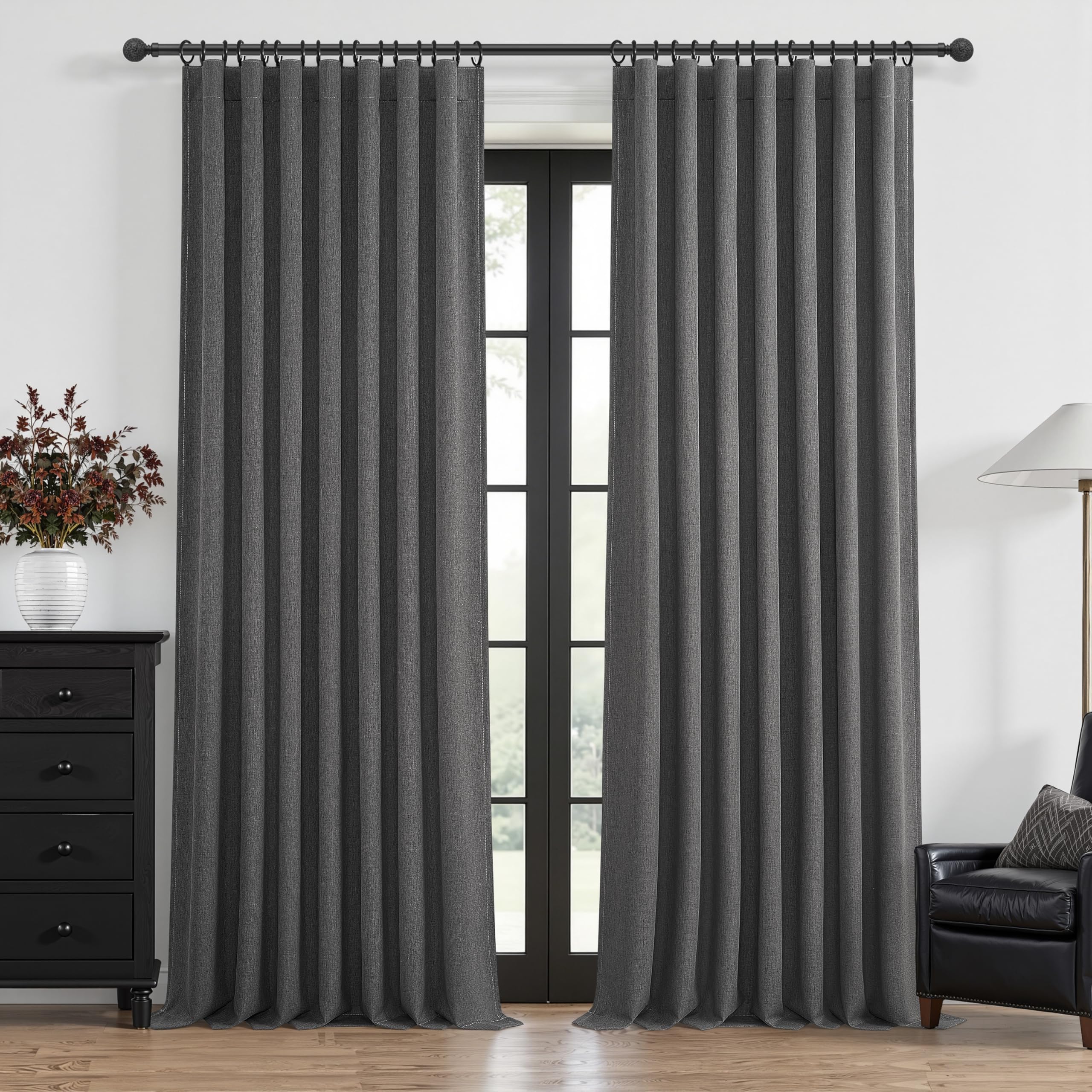 Dark Gray 100% Black Out Linen Curtains 90 Inches Long 2 Panels Set for Kids Boys Room, Country Farmhouse Pleated Ceiling Track Curtain Window Drapes Heavy Thermal for Nursery Charcoal Grey(50"Wx90"L) โ image 1