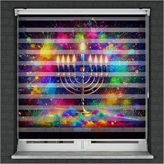 Hanukkah Curtain with Menorah, Dreidels and Stars – Printed Drapes for Jewish Holiday Decor and Festival of Lights Celebration Double Layer Curtains | Home Decor