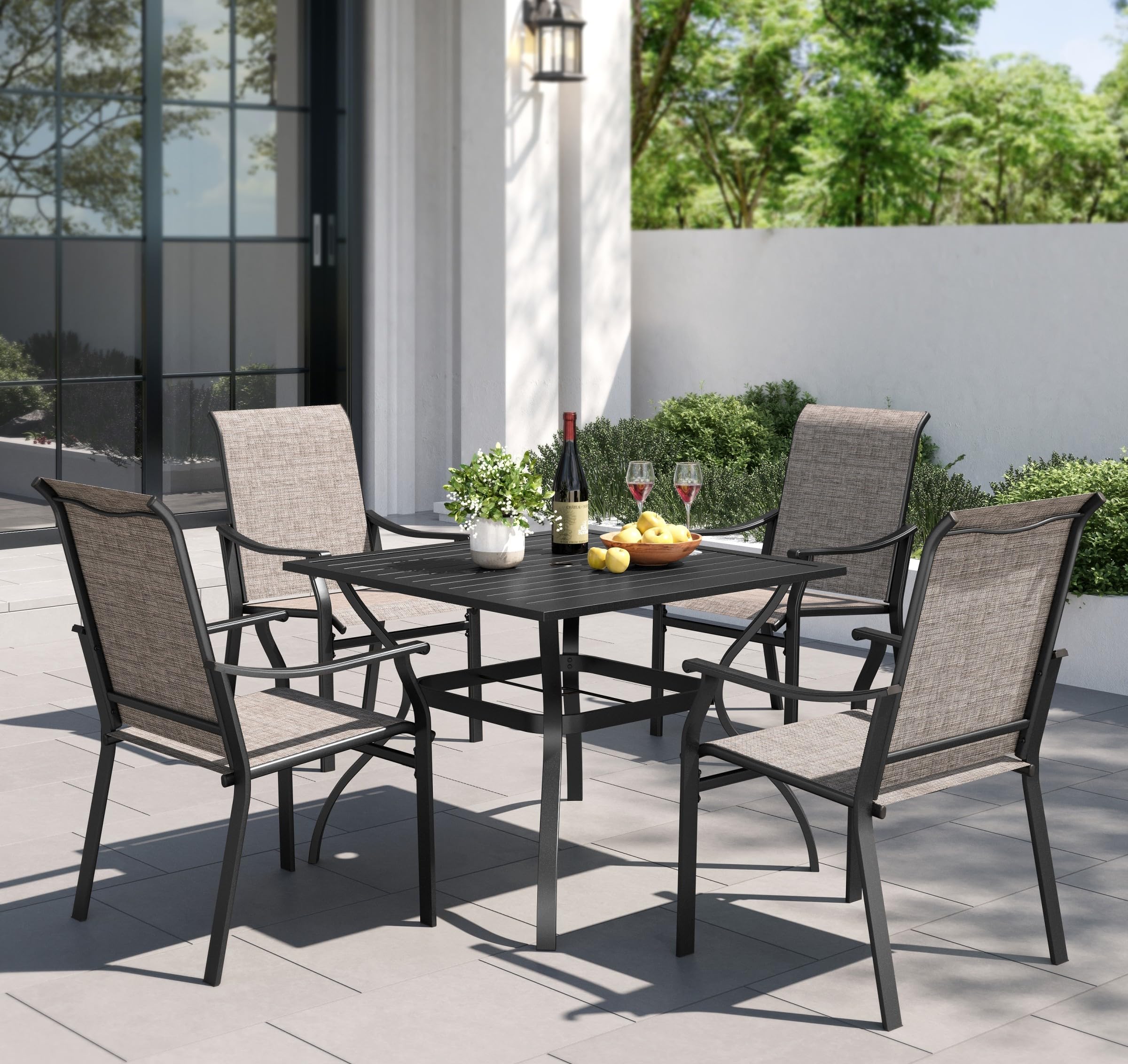PHI VILLA 5 pcs Patio Dining Table and Chairs, 4 Outdoor Dining Chairs and Metal Square Table,with Sling Fabric and Sturdy Frame,Black Frame with
