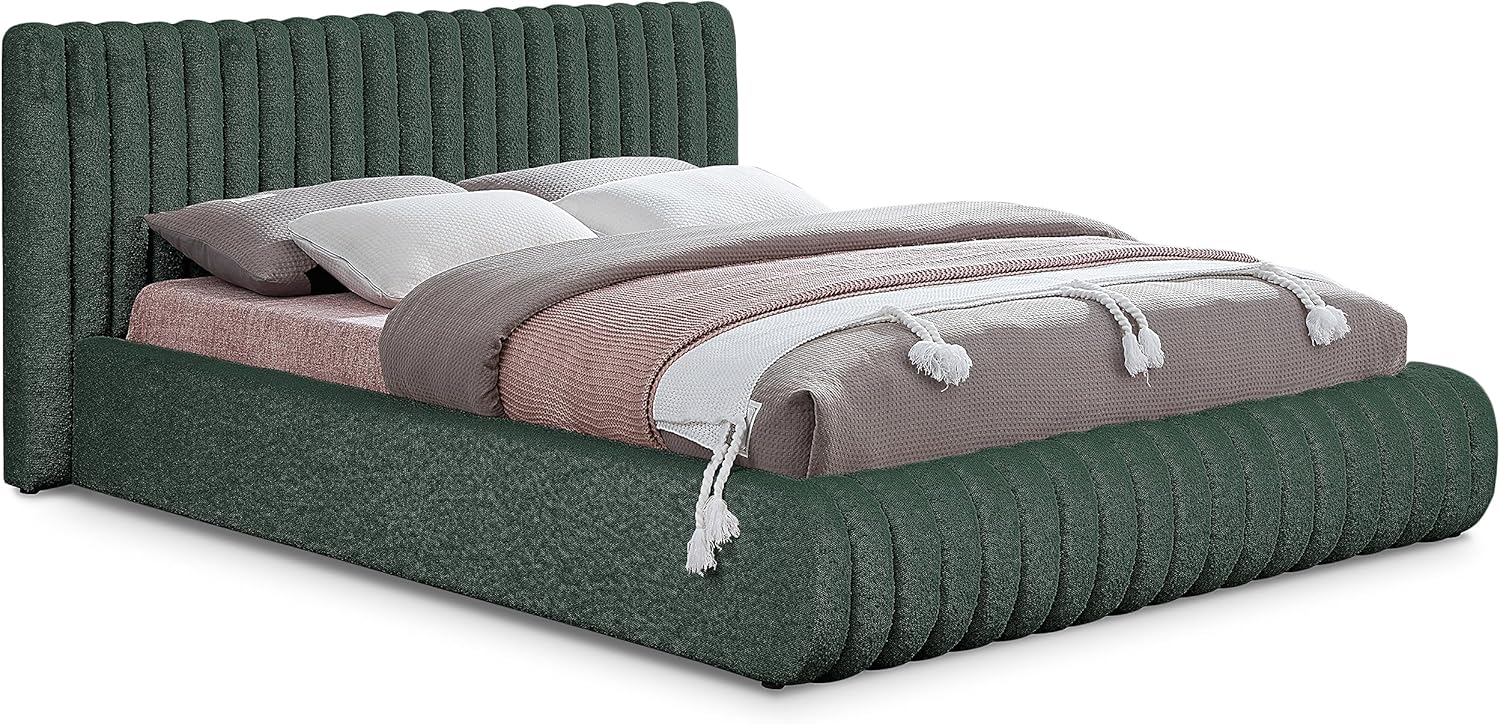 Meridian Furniture NashGreen-Q Nash Collection Modern | Contemporary Boucle Fabric Upholstered Queen Bed with Rich Green Boucle Fabric and Deep Channel Tufting, 74" W x 91" D x 38" H, Green, Queen