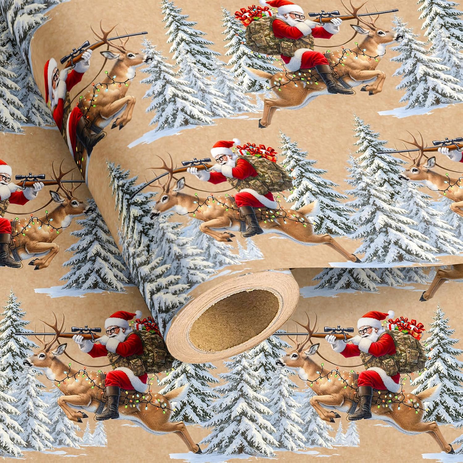 UNTROCHU Kraft Hunting Christmas Wrapping Paper Roll - Retro Santa Hunt Design Forest Gift Wrap for Xmas, Baby Shower,Birthday, Holiday,New Year Celebration,Halloween,DIY Craft - 17 in x 16.5 ft