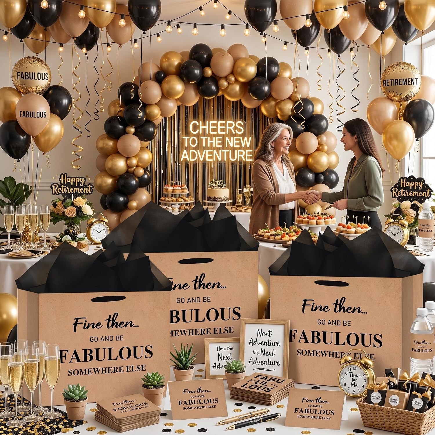Vintage Coworker Leaving Gift Bag Kraft Style Brown with 3 Black Tissue Paper and Greeting Card Fine Then Go Be Fabulous Going Away Present for Employee Retirement New Job Farewell Party Decor image 5