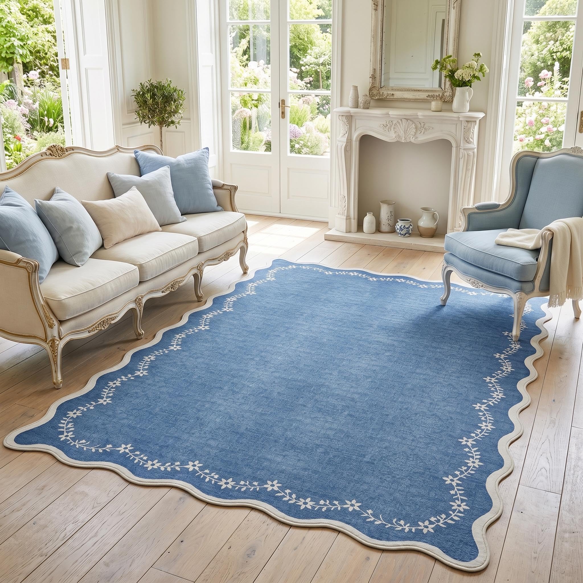 FairyStyle Scalloped Blue Large Rugs Living Room, Washable 160 x 230 cm