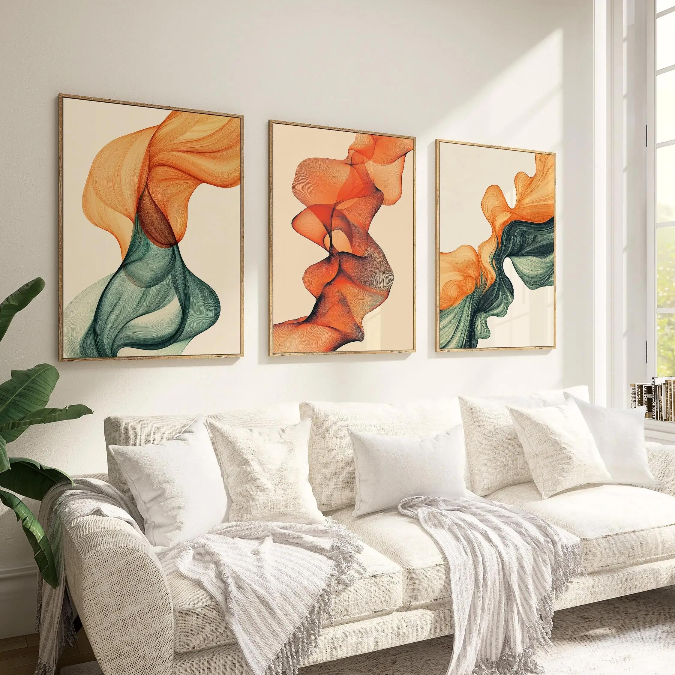 Ltjiajuypd Frameless Mid Century Modern Wall Art Canvas Prints Sage Green Burnt Orange Abstract(50X75cm-3Pcs)