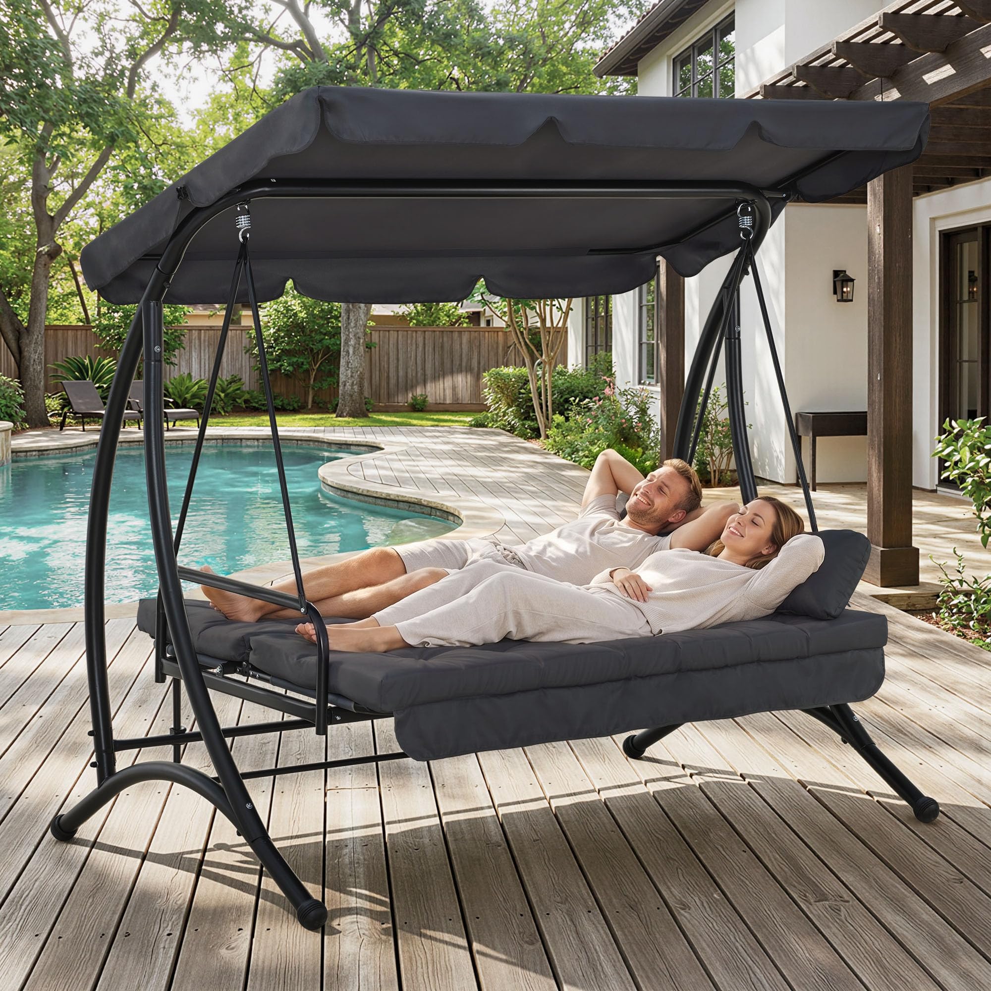 M MCombo balancelle Hollywood 3 Places avec Fonction de lit, avec Coussin d'assise Extra épais et Toit Solaire, balançoire de Jardin pouvant Supporter jusqu'à 300 kg, 202x125x173 cm 4095 (Gris)
