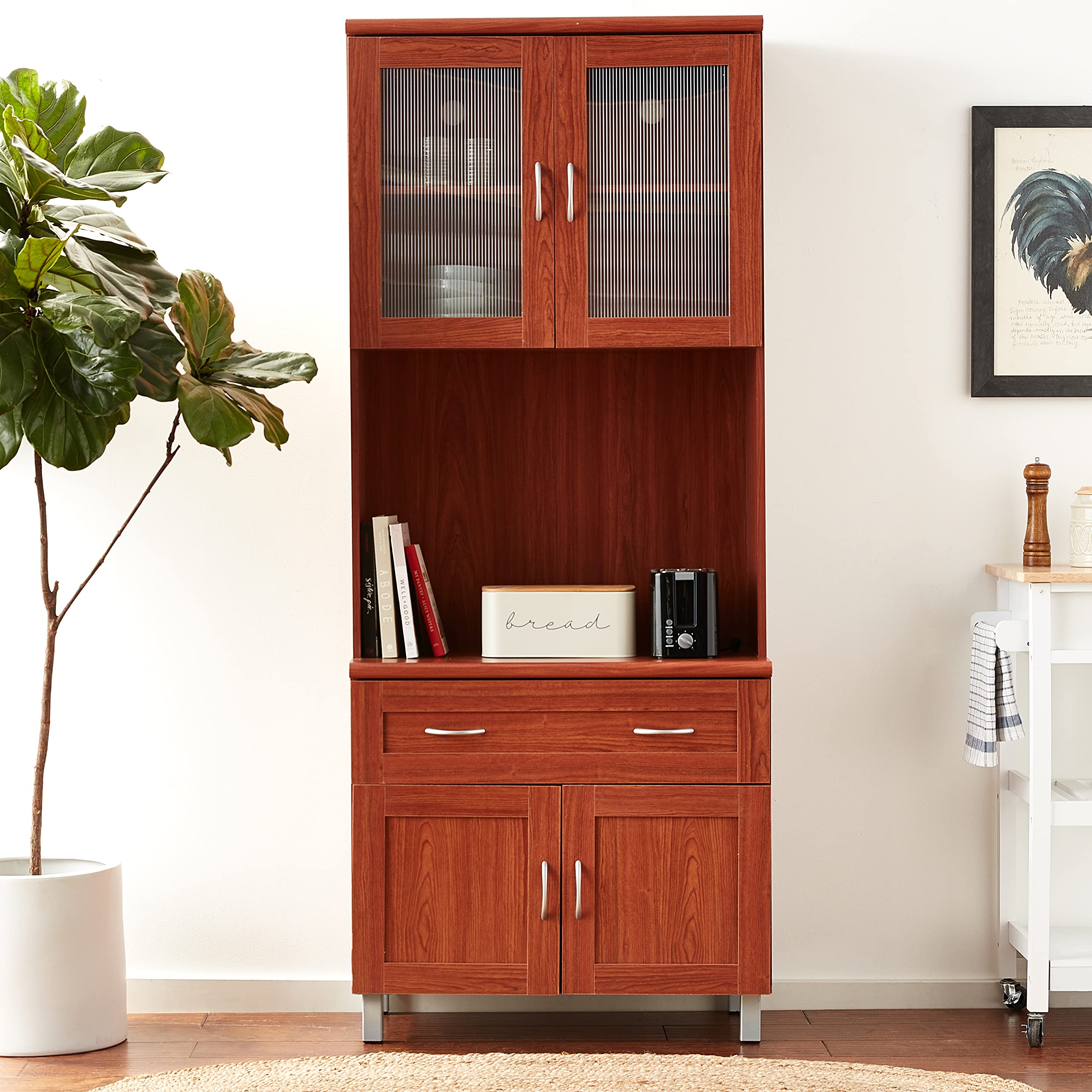 Mueble De Cocina Hodedah Con 1 Cajón Y Espacio Para Microondas - Estilo Madera De Cerezo, Ideal Para Almacenamiento
