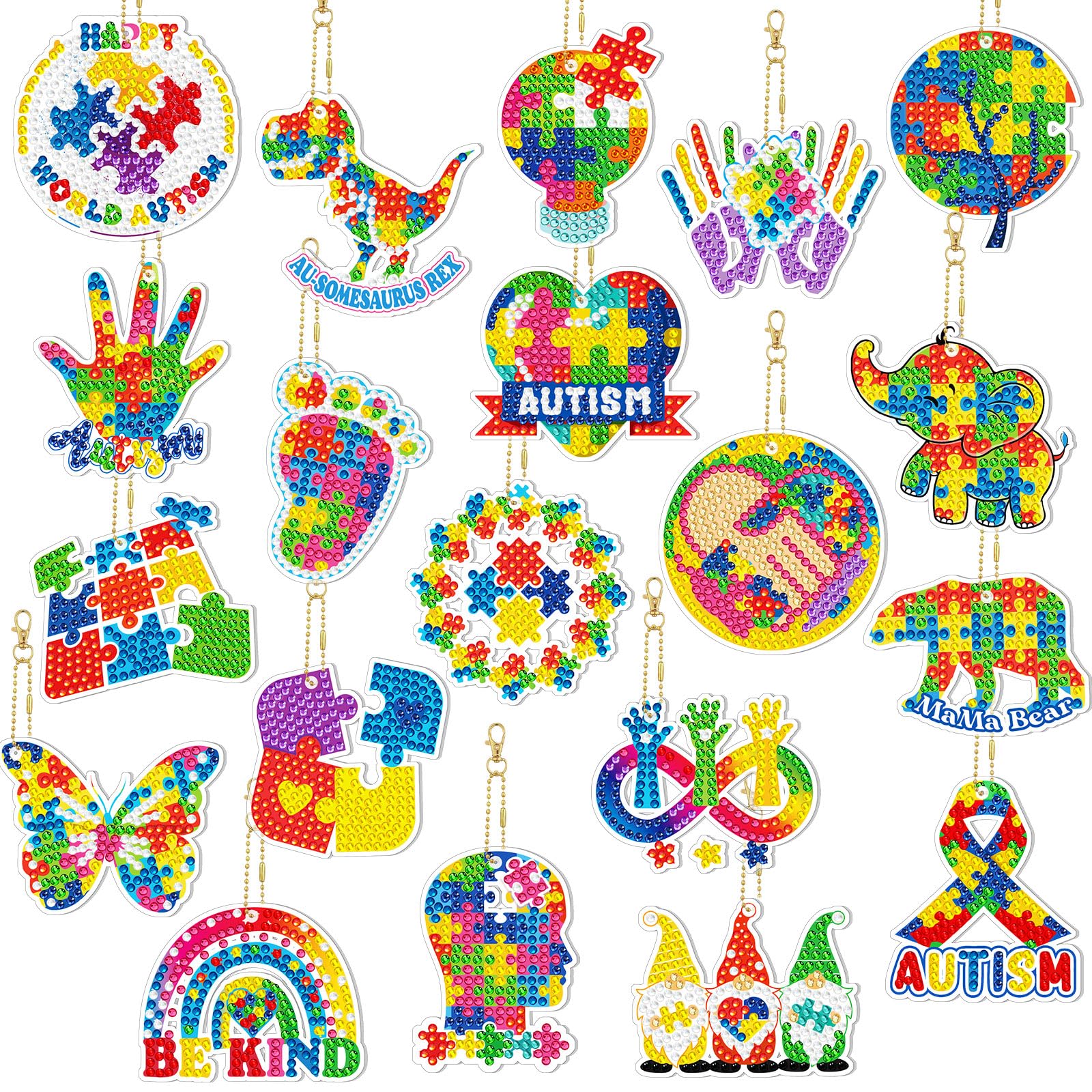 Landical 20 Pcs Autism Awareness Diamond Painting Keychain Autism Puzzle Diamond Art Keychain Kits DIY Keychain Aba Therapist Appreciation Gifts