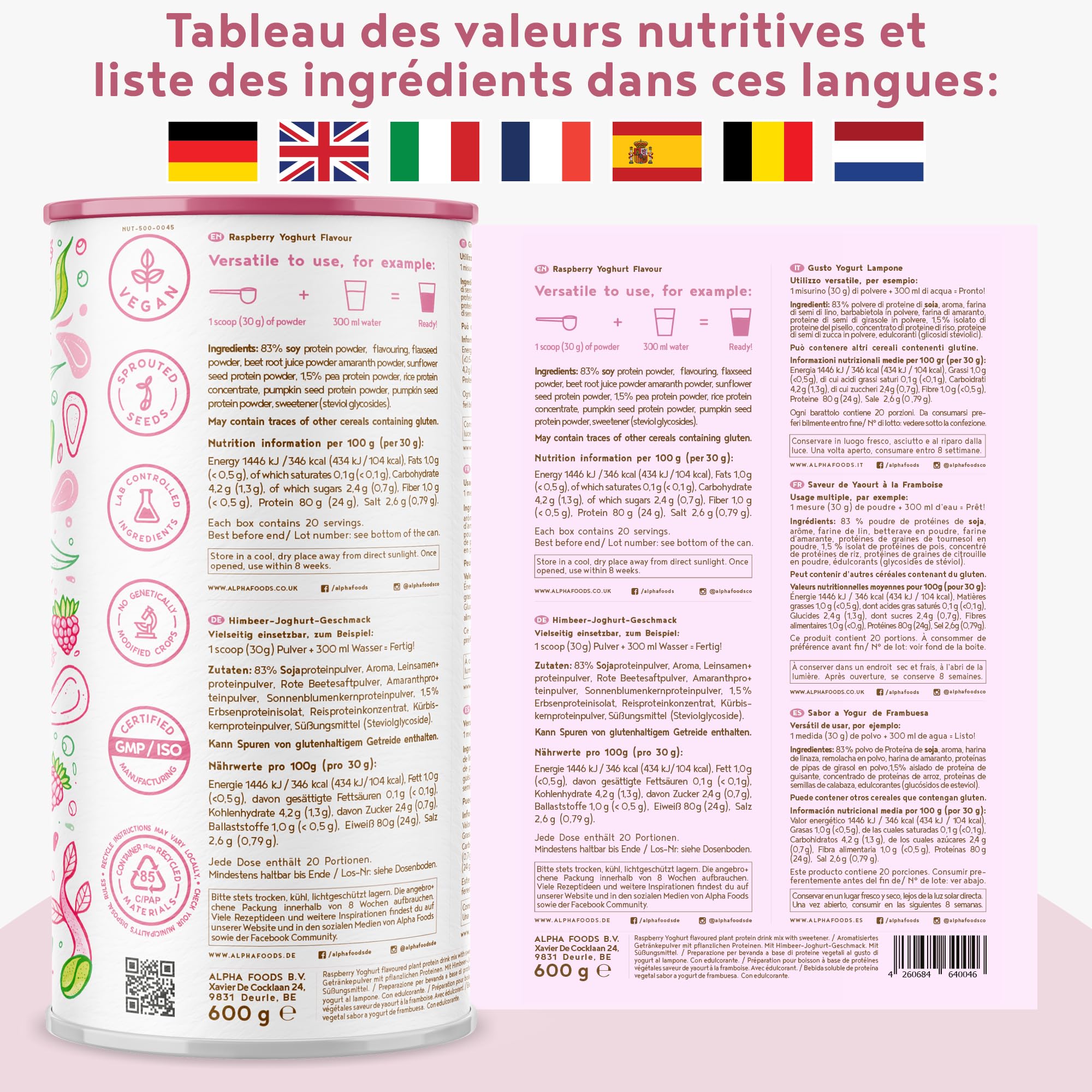 Vegan Protein Shake YOGHURT FRAMBOISE - Protéine végétale de riz germé, pois, graines de lin, amarante, tournesol, pépins de courge - poudre pour un boisson protéinée faible en calorie & glucide