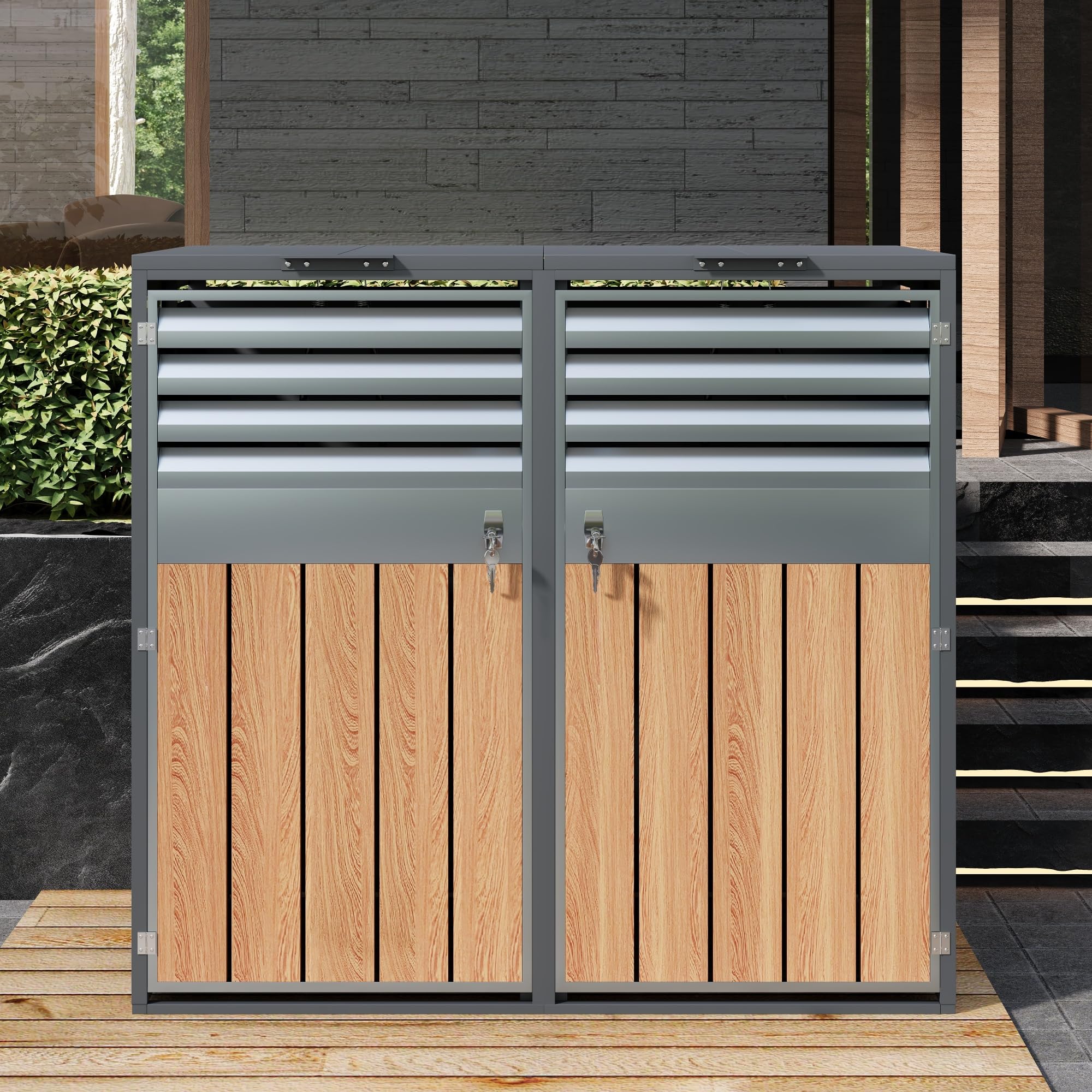 Merax Cache-poubelles 2 avec couvercle à charnière, armoire verrouillable en acier galvanisé, revêtement de poubelles avec ouverture d'aération et lamelles, deux portes