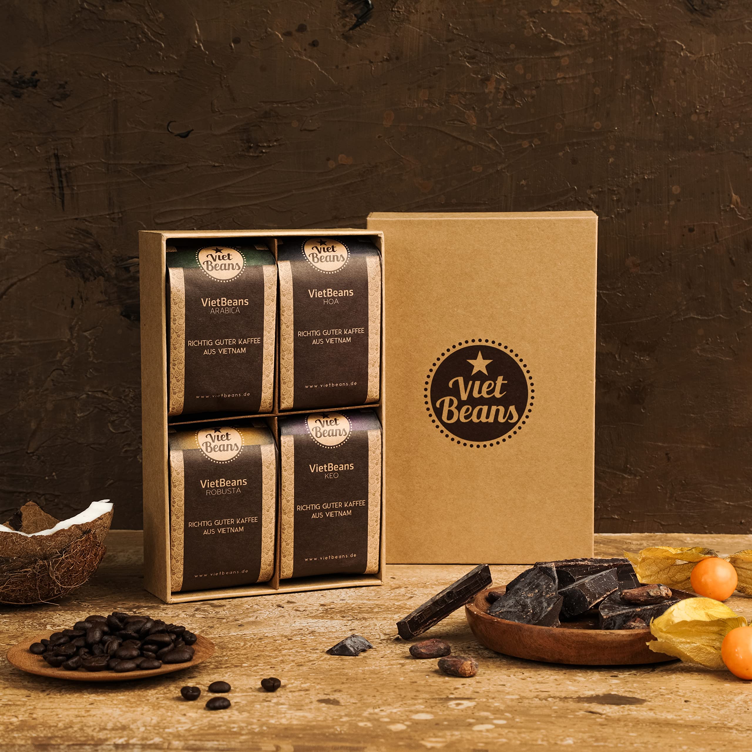 VietBeans Probierset - Vier spannende Kaffeesorten für Kaffeeliebhaber - Geschenkset - 4 Exklusive Kaffeespezialitäten – Kaffeegeschenk… (Gemahlener Kaffee)