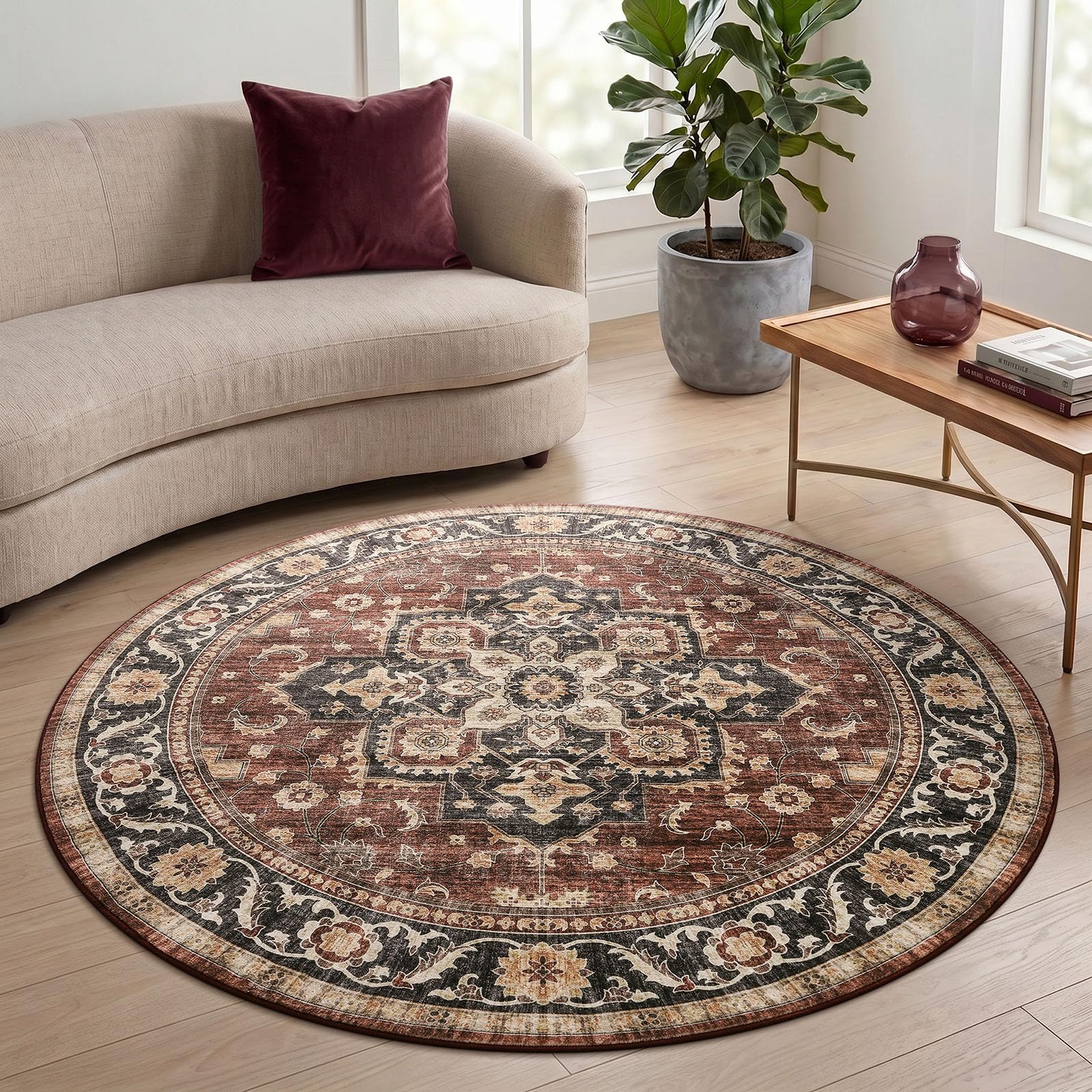 Homaxy Vintage Rugs Living Room Washable Anti Slip Small Rug Low Pile Boho Lounge Carpet for Bedroom, Nursery, Kitchen - 120 cm Round, Retro Red/Brown