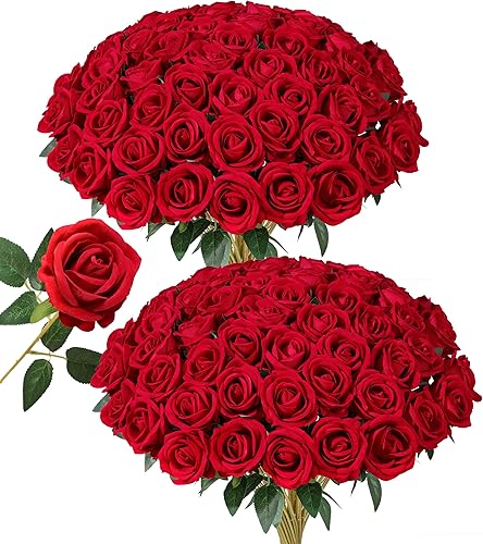 HyeFlora - 50 unidades de rosas artificiales rojas con tallos, rosas de seda realistas para ramos de boda, centros de mesa, arreglos, fiestas, Baby