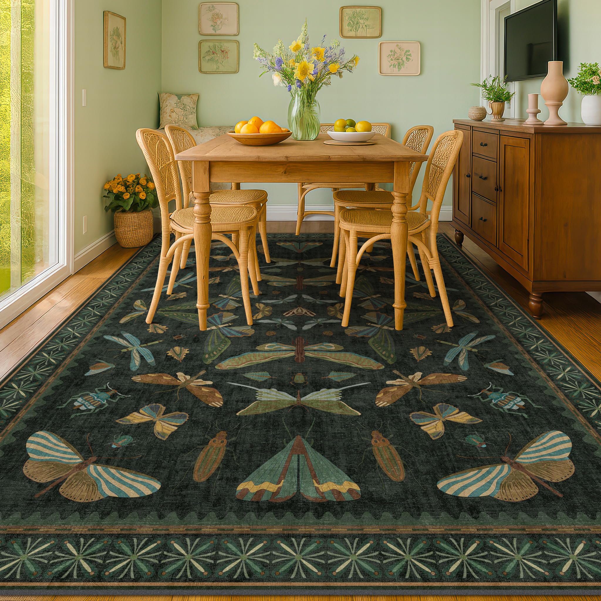 6x9 Dark Green Area Rugs for Dining Room - Rugs for Living Room, Bedroom Under Bed, Insect Moth Floral Non Slip Low Pile Floor Carpet