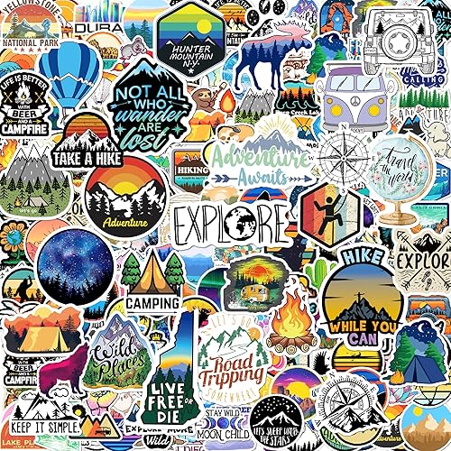 200 calcomanías de camping – botellas de agua, aventura al aire libre, paquetes de calcomanías impermeables de vinilo para laptop, viajes y
