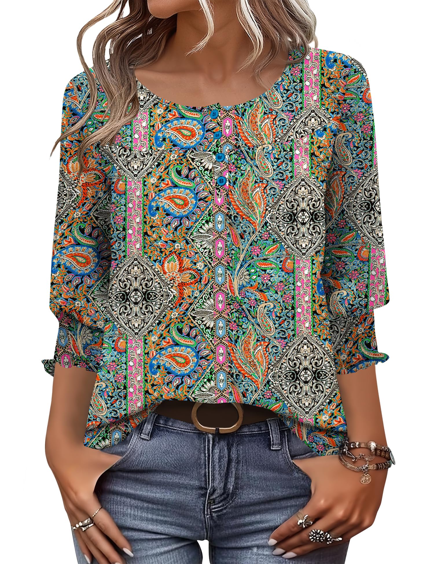 AKEWEI 3/4 Length Sleeve Womens Tops 2025 Fashion Summer Tops for Women Crewneck Casual Loose Fit Pleated Top