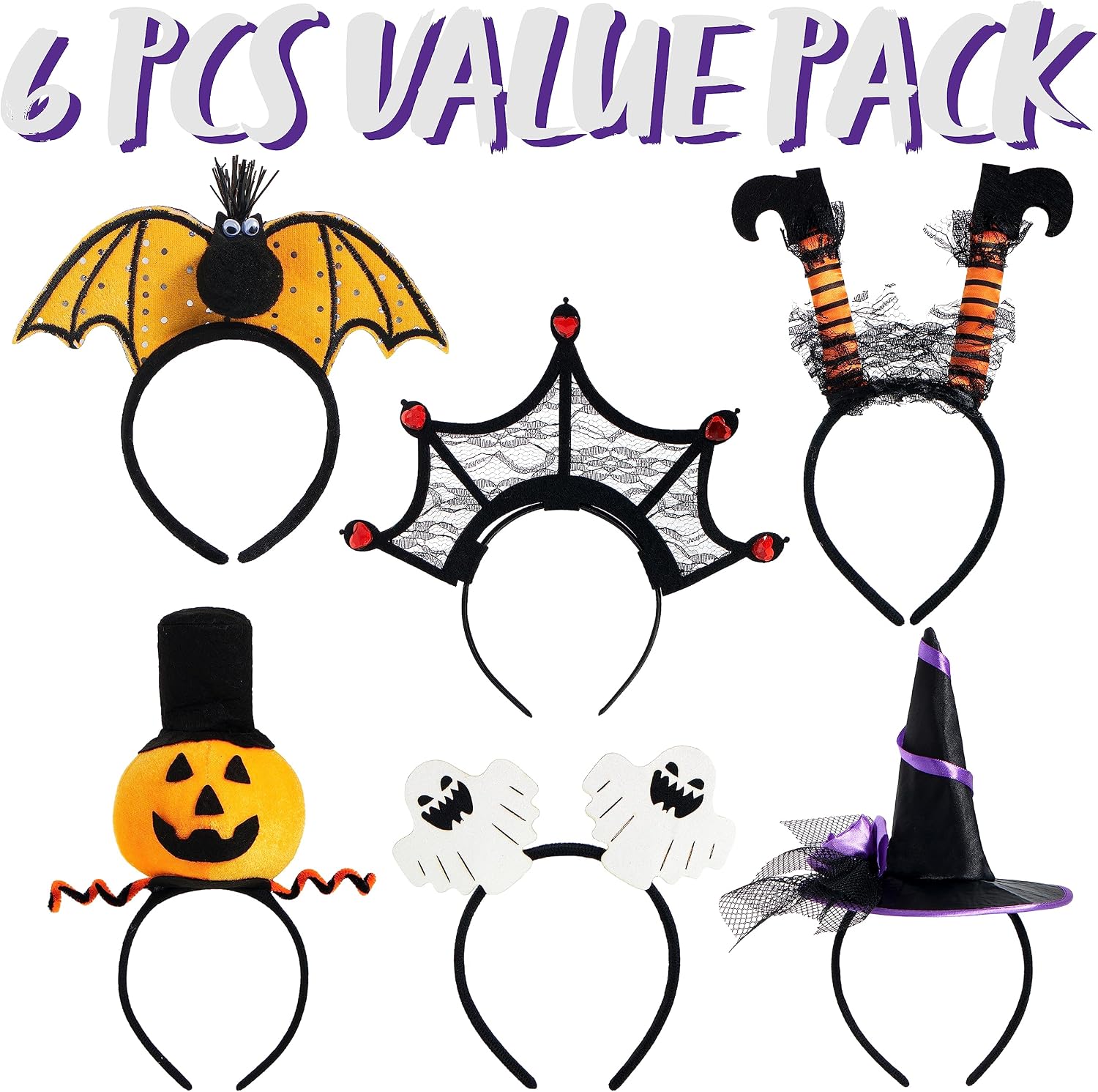 JOYIN 6 Pcs Halloween Headbands Pumpkin, Bat, Witch, Ghost, Witch Legs, Spider Web for Halloween Party, Costume, Trick or Treating, Cosplay Decoration (One Size Fit All)