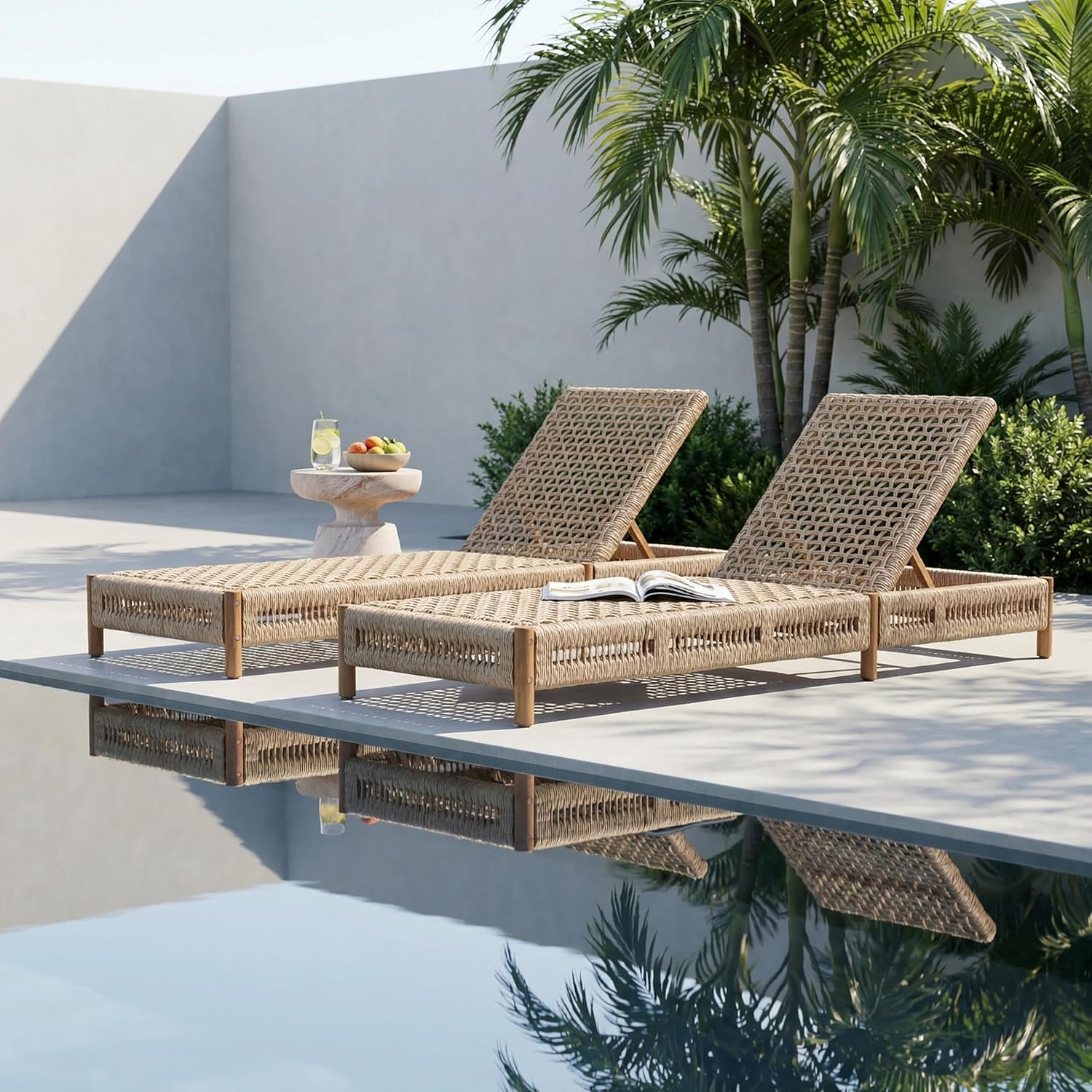 Christopher Knight Home Mercer Acacia Wood Chaise Lounge Chair Outdoor Set of 2, Poolside Sun Lounger Recliner with Wicker Seat, Patio Outdoor Chaise Lounge, Adjustable Backrest Sofa, Teak+Beige