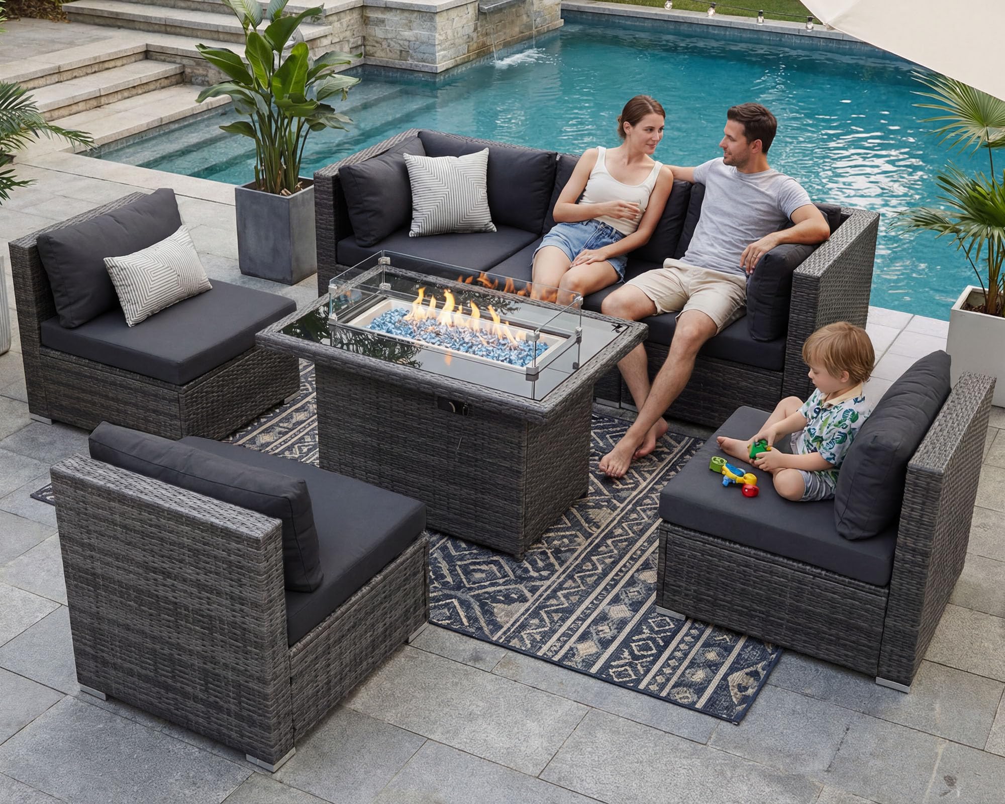 NICESOUL 29.3'' High Back Outdoor Patio Sectional Furniture Sofa Set with Fire Pit Table Natural Gas/Propane, 7 Piece Luxury Extra-Large Wicker