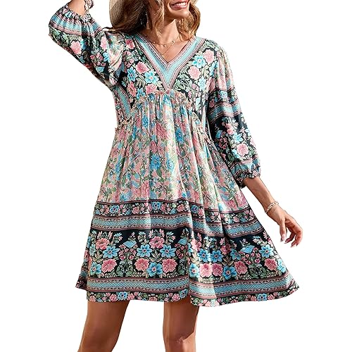 BTFBM Women Casual Spring Summer Dresses V Neck 3/4 Long Sleeve Ruffle Floral Flowy Boho Babydoll Mini Short Beach Dress