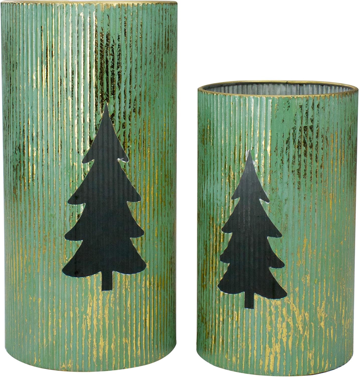 Rustic Christmas Tree Candle Lanterns - 12" - Green and Gold - Set of 2