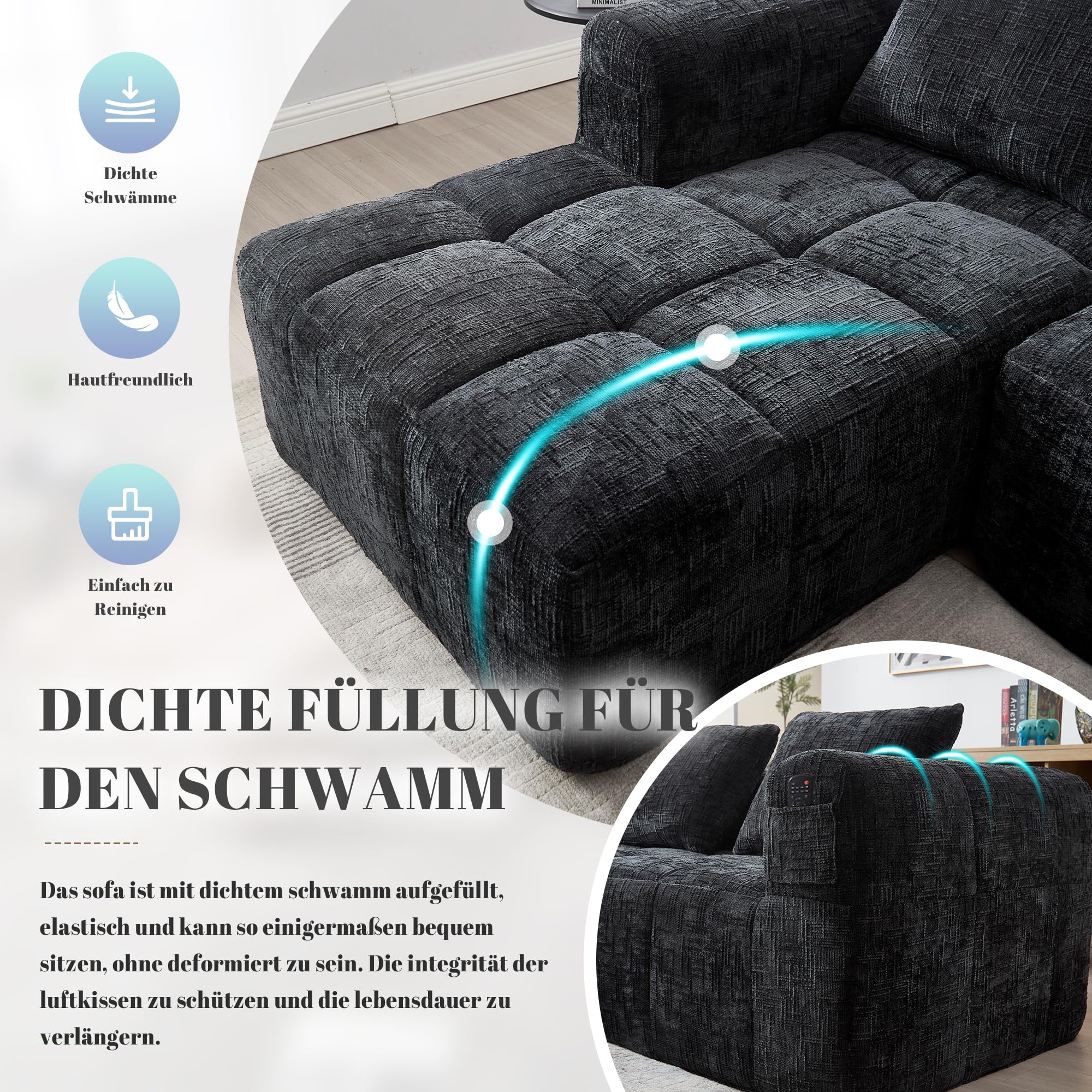 Soweiz Sofá L, sofá de 3 plazas, sofá seccional, no requiere instalación, sofás de chenilla con chaise longue y reposabrazos, 3 cojines, bolsillo lateral para mando a distancia, 250 x 158 x 60 cm