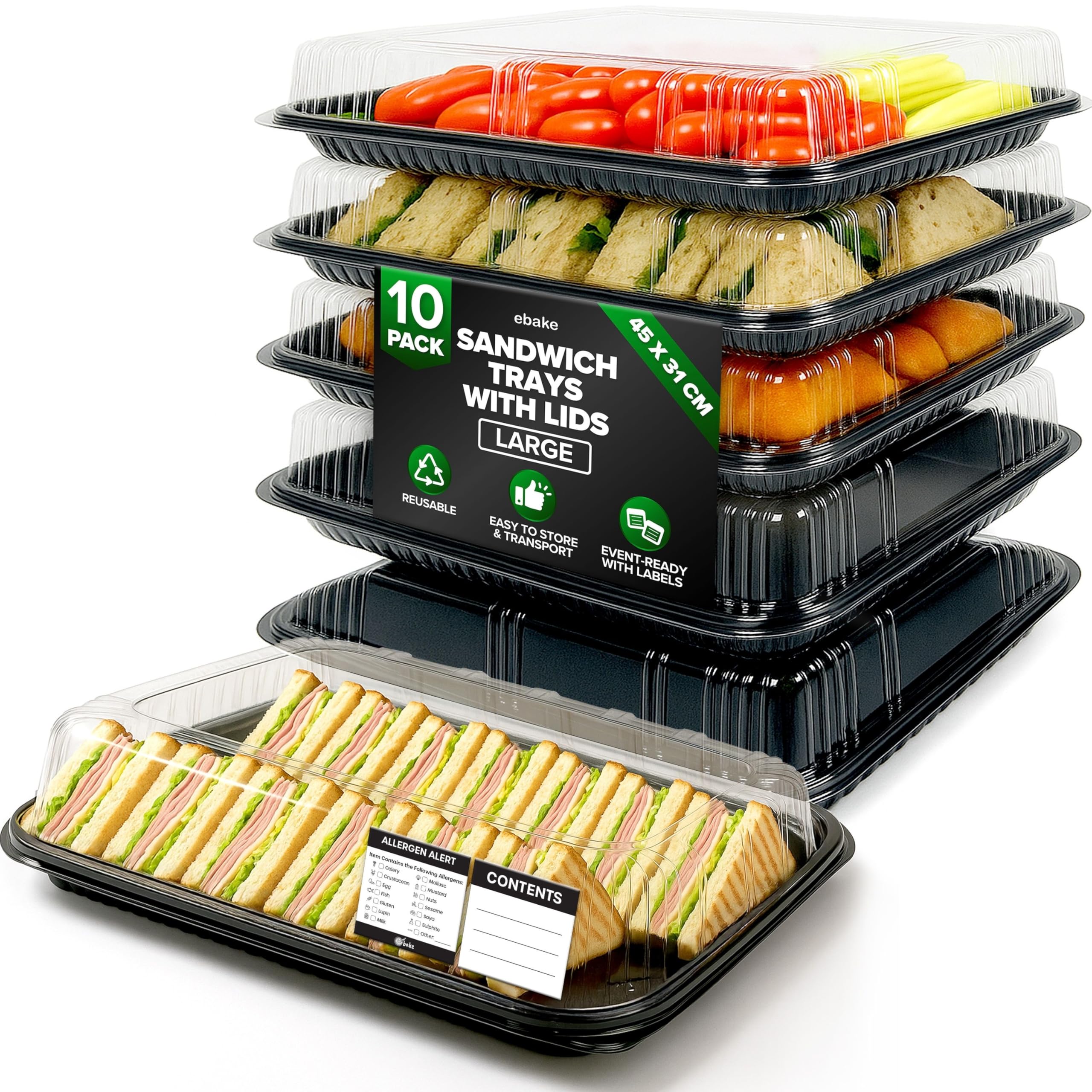 10 Pack Sandwich Platter Trays with Lids – Reusable Catering Food Trays for Parties, Buffets, Sushi, Sandwiches, Cake & Meal Prep (45cm × 31cm × 7.5 cm)