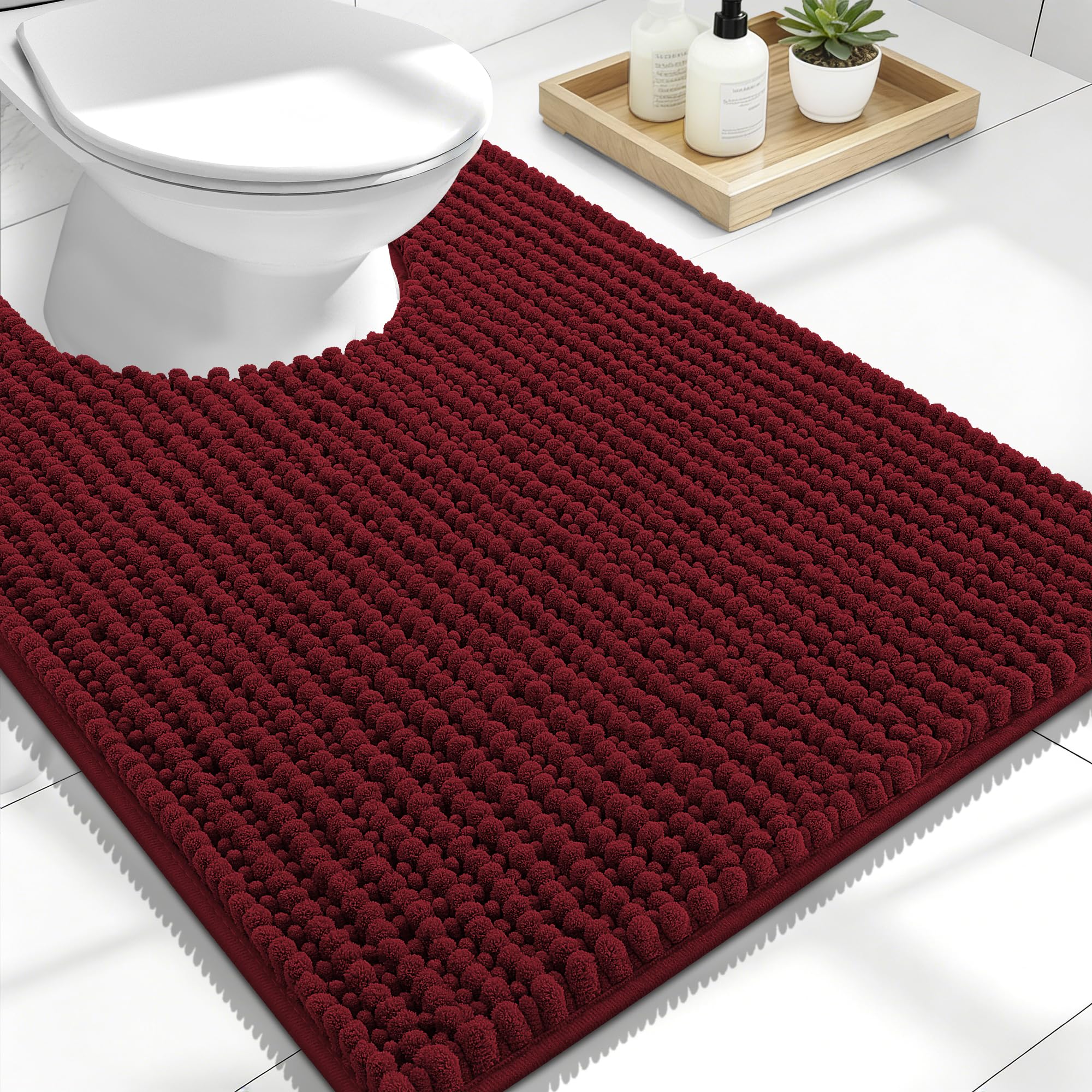 OLANLY Thick Chenille Toilet Rugs U-Shaped 24x20, Burgundy