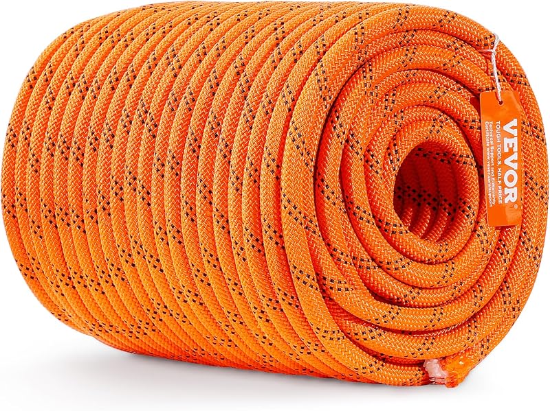 VEVOR Cuerda de poliéster trenzado doble, 1/2 pulgadas x 220 pies, 48 ​​hebras, 8000 libras de resistencia a la rotura cuerda de escalada al aire libre, cuerda de aparejo arborista para senderismo en roca, camping, columpio, rescate, naranja/negro