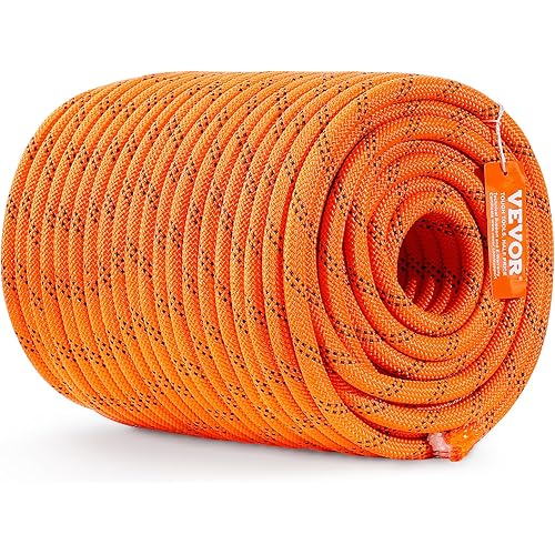 VEVOR Double Braided Polyester Rope, 1/2 in x 220 ft, 48 Strands, 8000 LBS Breaking Strength Outdoor Rope, Arborist Rigging Rope for Rock Hiking Camping Swing Rappelling Rescue, Orange/Black