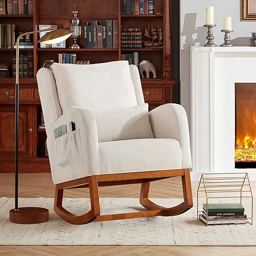 Mecedora, silla mecedora para guardería con bolsillos laterales y almohada lumbar, respaldo alto, moderna mecedora para interiores para sala de