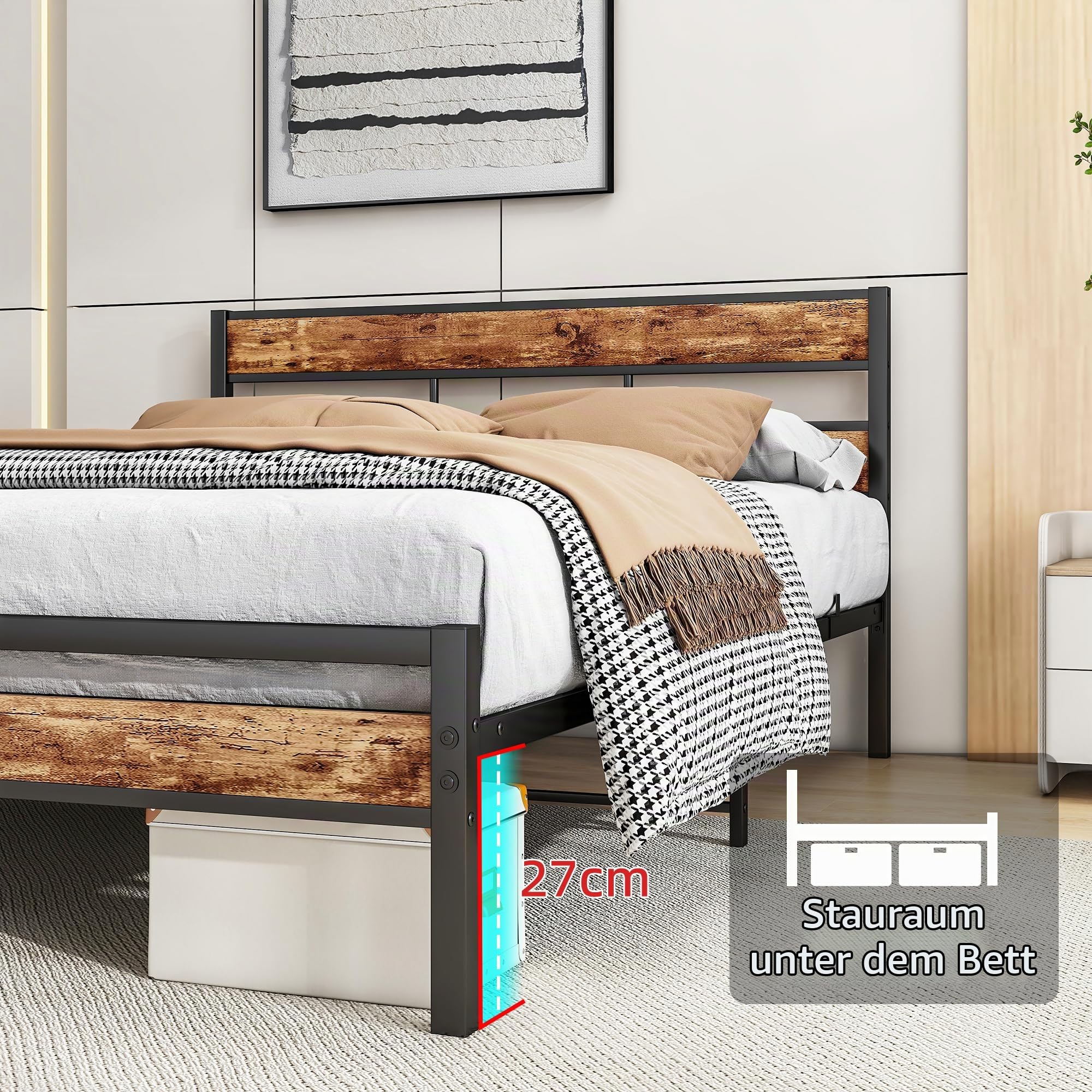 HOJINLINERO Bettgestell 140x200,Doppelbett Bettrahmen Metallbett 140x200 mit lattenrost aus Metall mit Kopfteil,Einfacher Aufbau Gästebett Jugendbett, für Schlafzimmer Gästezimmer,Bed Frame Schwarz