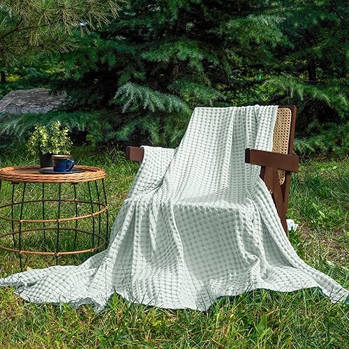 Miniatura 2 de PHF Manta refrescante de punto gofre, tamaño individual, ligera, 60% rayón derivado de bambú y 40% algodón, transpirable, para personas que duermen