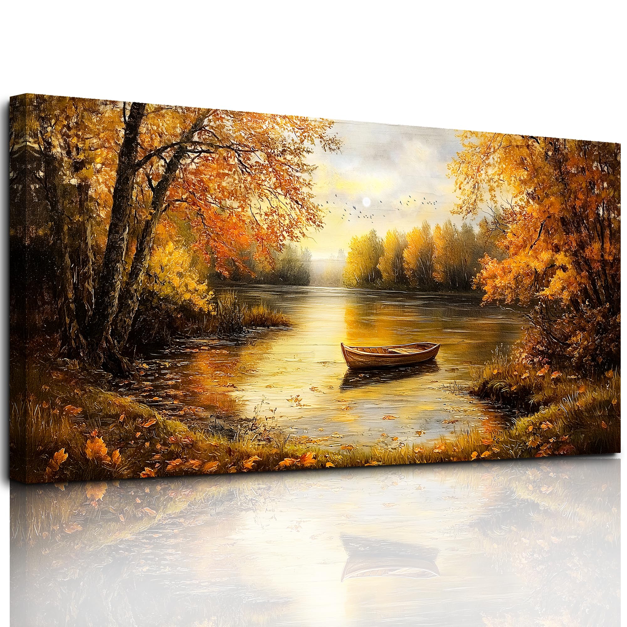 hyidecorart Grandes Cuadros Decoracion Salon Modernos, 50x100 cm Lienzos Decorativos Pared Dormitorios, Laminas Decorativas Pared Paisaje de Bosque Dorado con Lago, Wall Art Comedor Oficina Pasillo