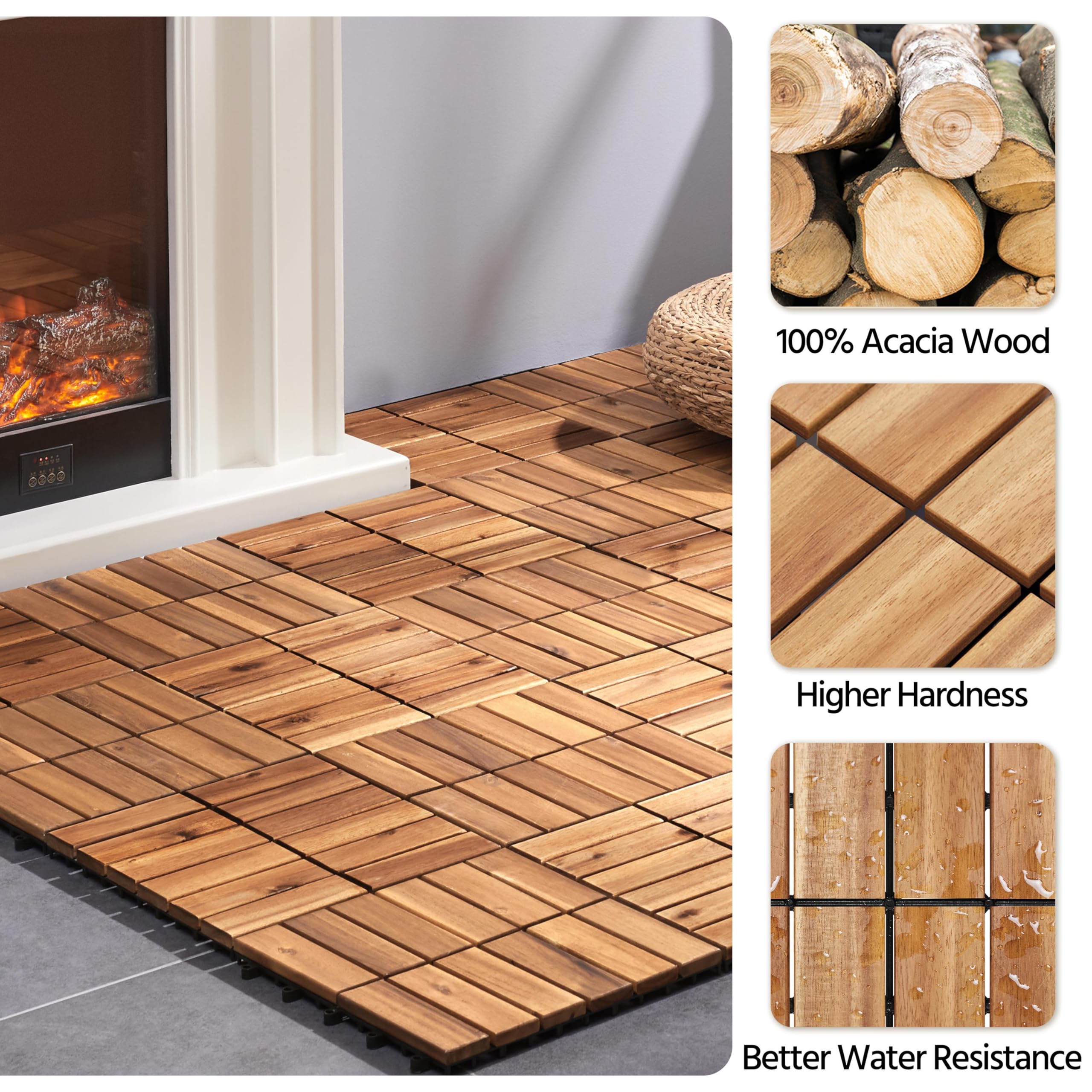Yaheetech Lot de 27 dalles de terrasse emboîtables en bois d'acacia avec surface antidérapante, faciles à clipser et imperméables pour intérieur et extérieur, résistant aux fissures, décoration de
