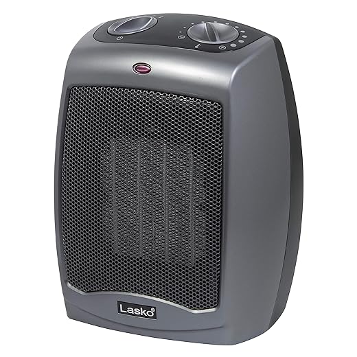 Lasko Portable Indoor Electric Ceramic Space Heater with Tip-Over Safety Switch, Overheat Protection and Thermostat, 2 Speeds, Safe for Home, 9.2 Inches, Dark Gray, 1500W, 754201