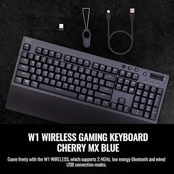 Thermaltake W1 Wireless Gaming Keyboard Cherry MX Blue, 2.4GH per Minute, Bluetooth 4.2, Low Energy Technology, USB Type-C Connection. GKB-WOW-BLSNUS-01