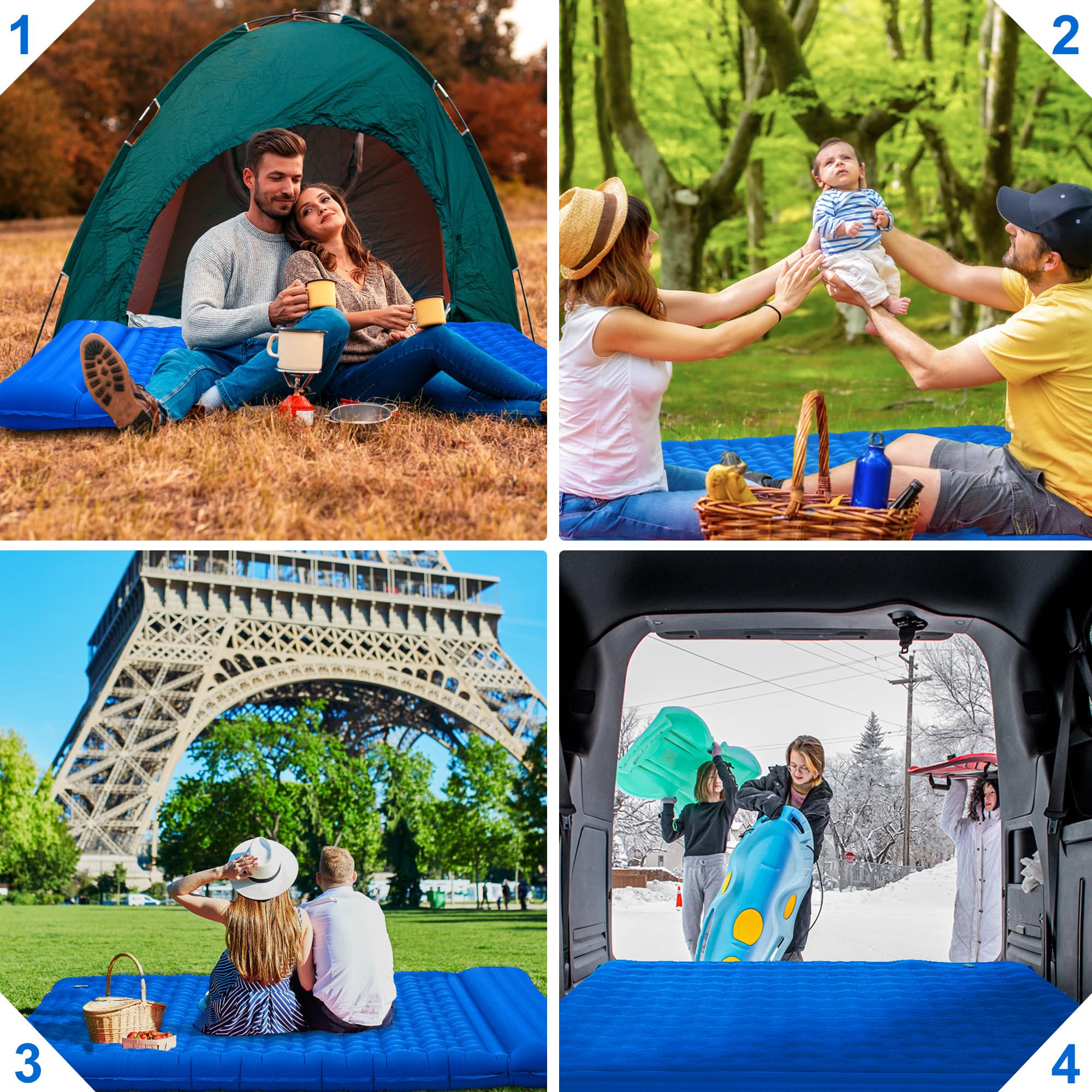 IEEILULU Materassino Campeggio, 196 * 140cm Materasso Gonfiabile Matrimoniale con Cuscino, Materassino Ultraleggero Autogonfiabile per 2 Persone Campeggio Backpacking Viaggio Spiaggia (Blu marino)