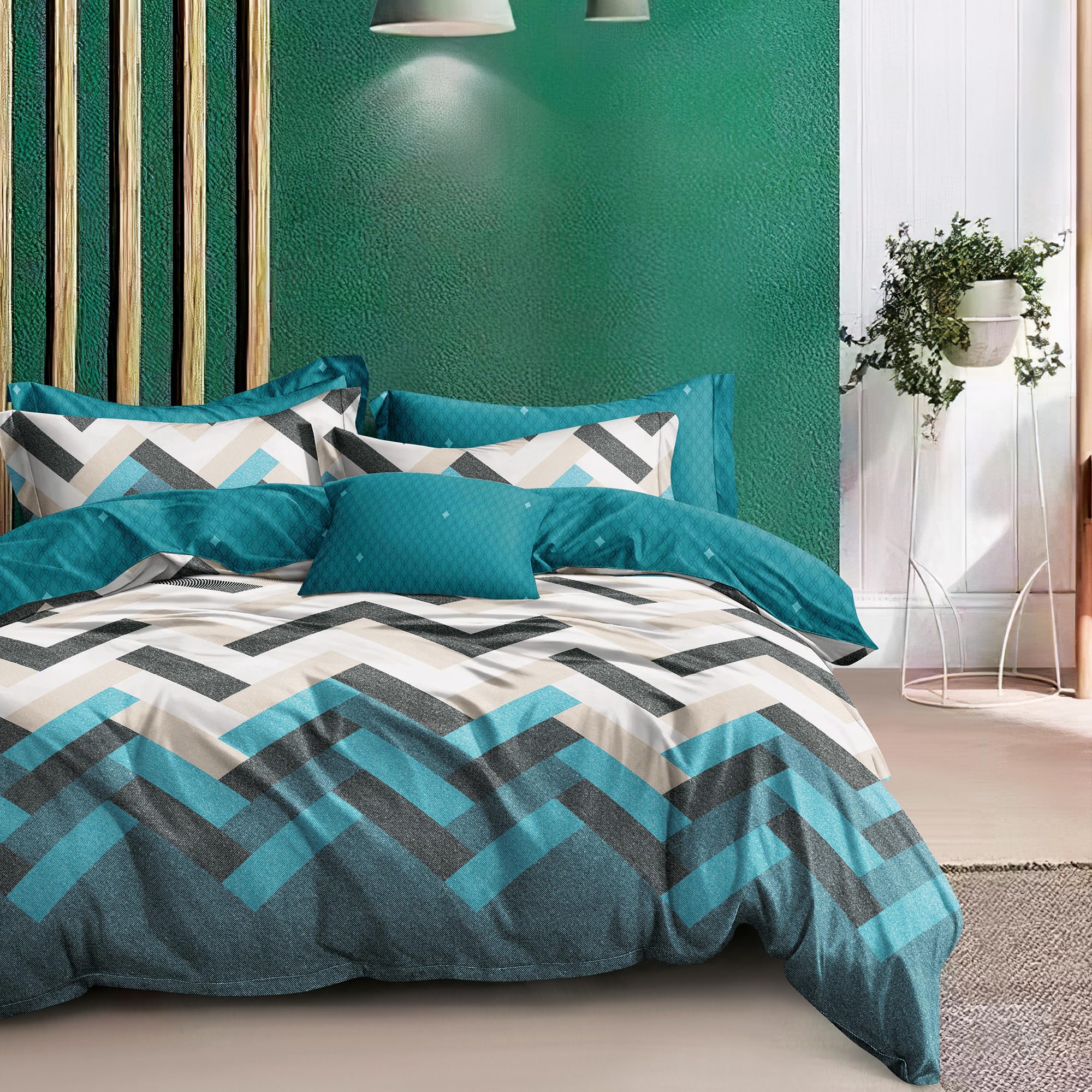 Story@Home bedsheet for Double Bed Queen Size 240TC Satin Finish, Microfiber Double Bed bedsheet, 225X250cm with 2 Pillow Covers, Cyan Blue & White Geometric | Perfect for Home Decor