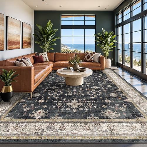 Black Boho Rug for Living Room 9x12 - Washable Dining Room Rugs for Under Table, Vintage Soft Low Pile Carpet for Bedroom, Non-Slip Farmhouse Bohemian Large Tumble Rug for High Traffic Area