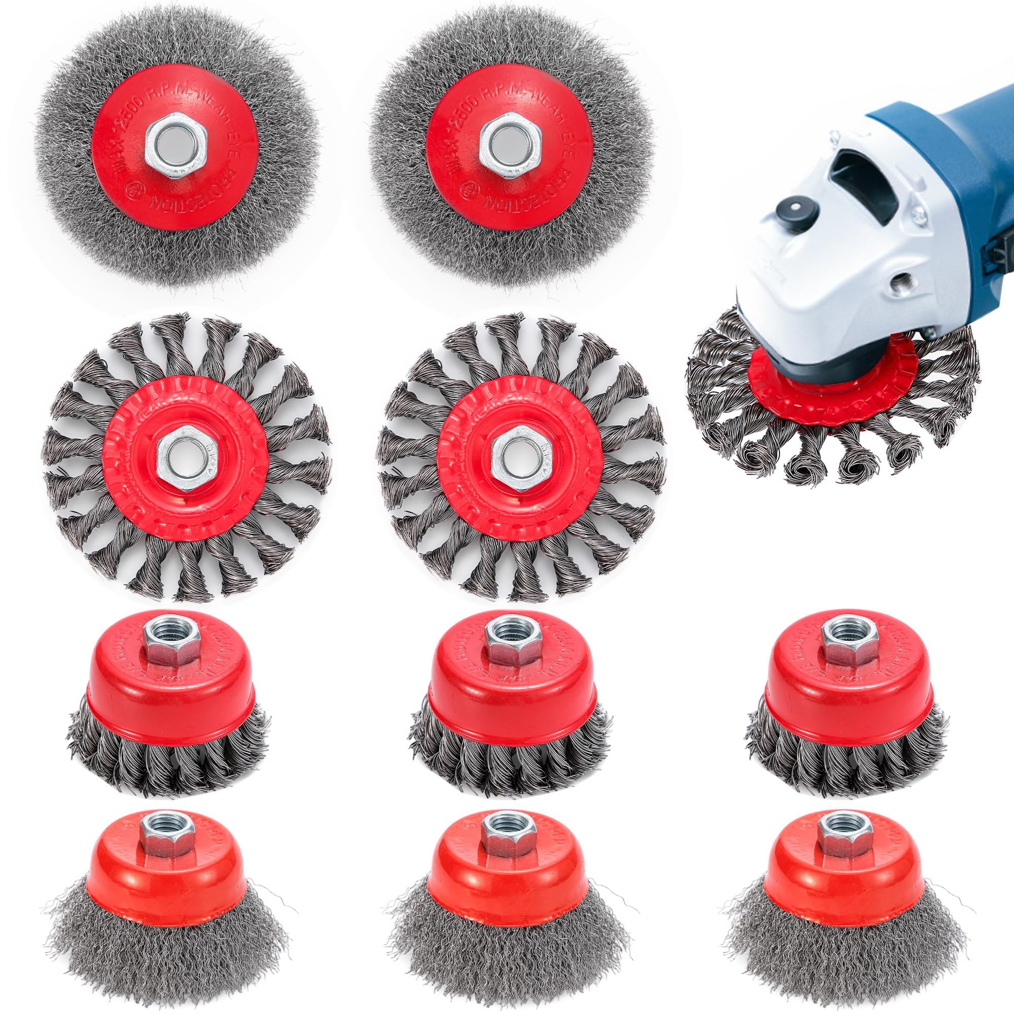 Idong 10 Stück Drahtbürste Set für Bohrmaschine, Drahtbürste Winkelschleifer 75mm und 100mm Stahlbürste Akkuschrauber für M14 Modelle Winkelschleifer Zubehör für Polier,Schleifen,Entrosten,Entgraten