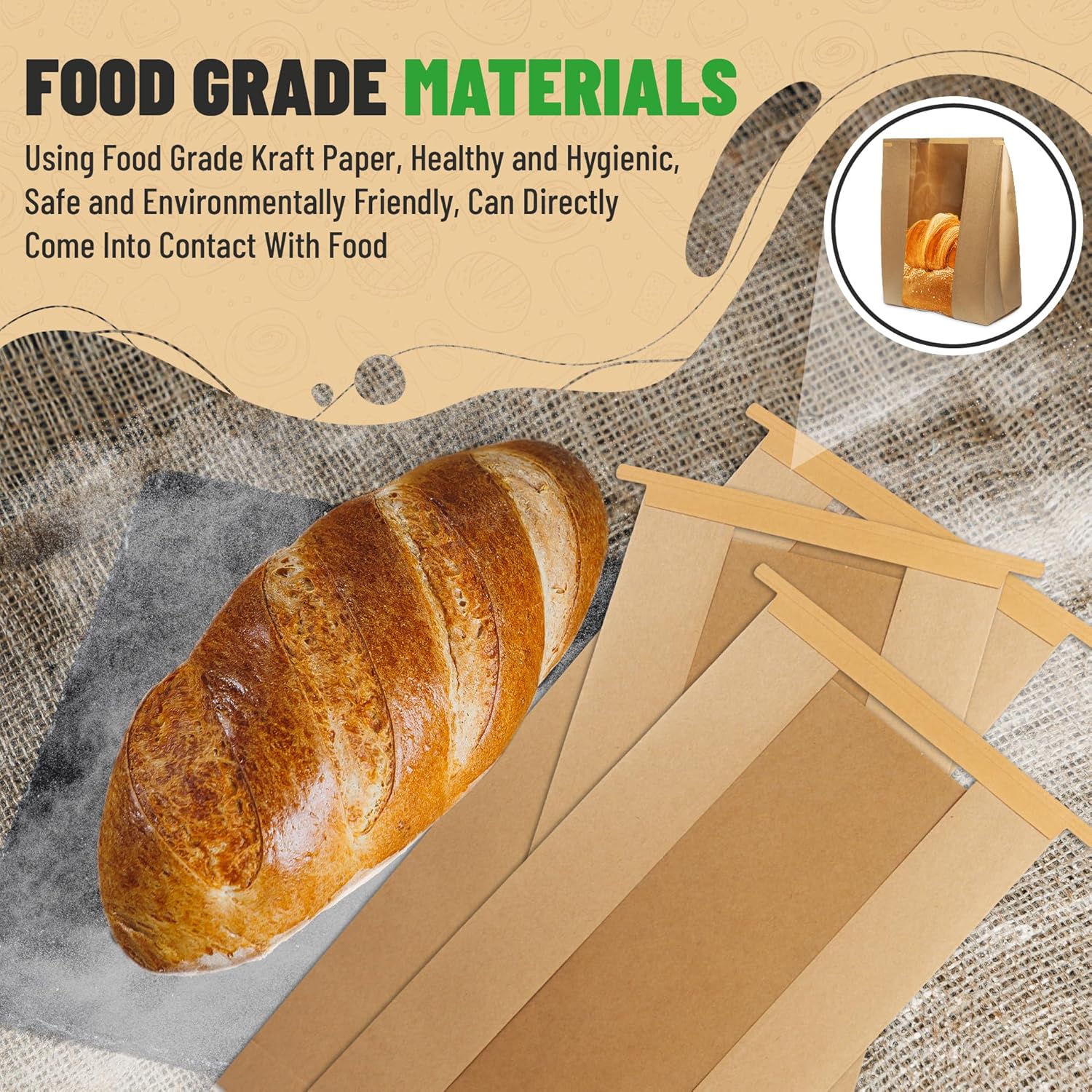 New EASY TSK 100 Pack - Paper Bread Bags for Sourdough - XL 16"x8.5"x4" - Bread Bag with Window - Bread Bags with Ties - Tin Tie Tab Lock - 100 New Stickers - Cookie Bakery Bag - Loaf Bags In Box