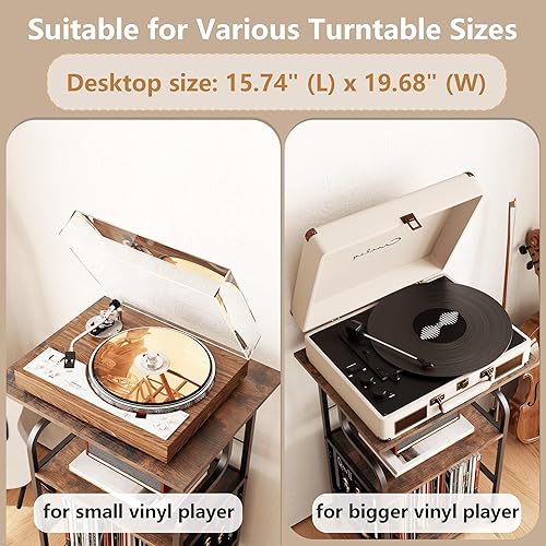 Miniatura 5 de Soporte para tocadiscos, mesa para tocadiscos de 3 niveles, almacenamiento de discos de vinilo con escritorio extragrande, mesa auxiliar para discos