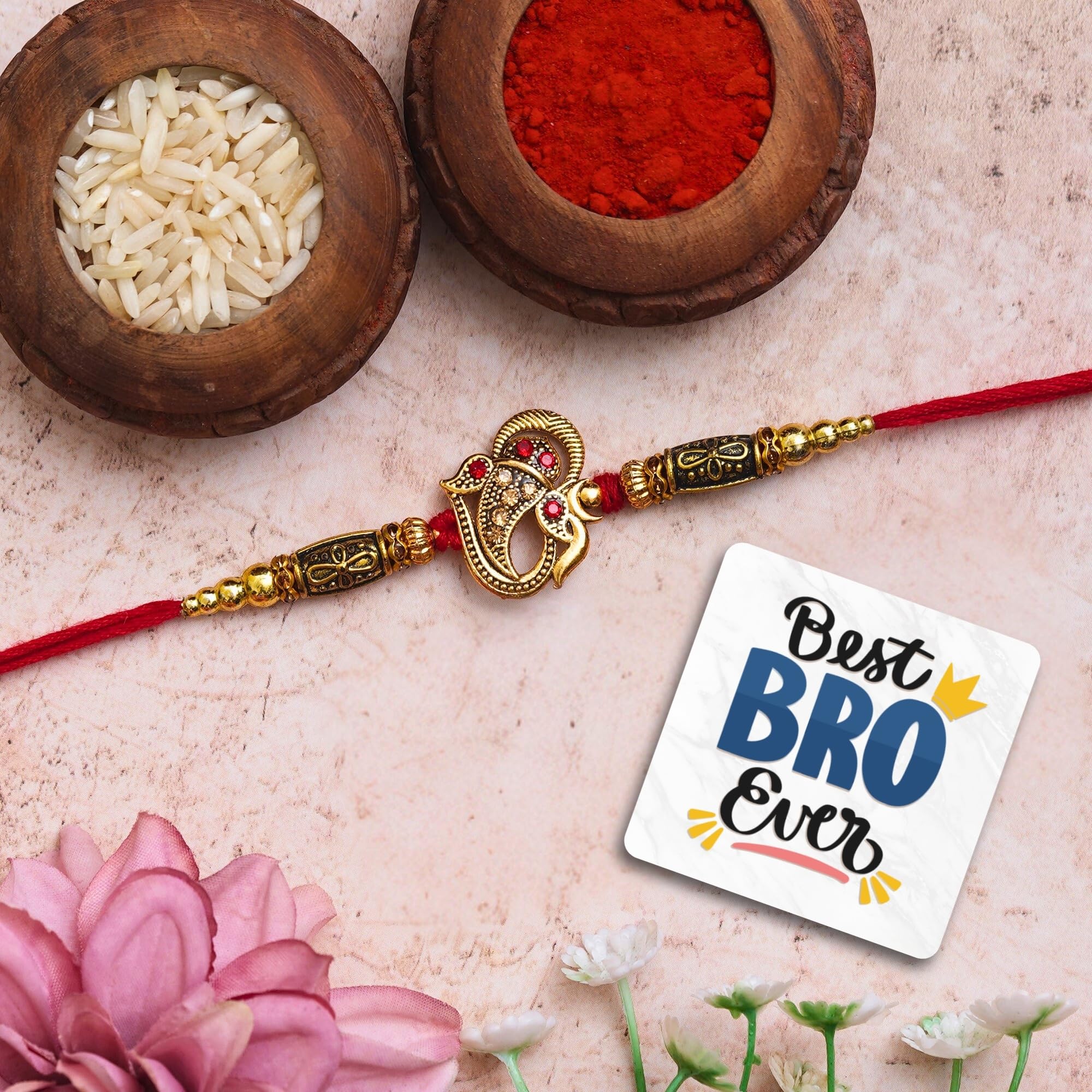 eCraftIndia Golden Beads, Om Symbol Religious Designer Rakhi with Roli Chawal Pack and Best Bro Ever Fridge Magnet - Rakhi for Brother, Bhaiya, Bhai