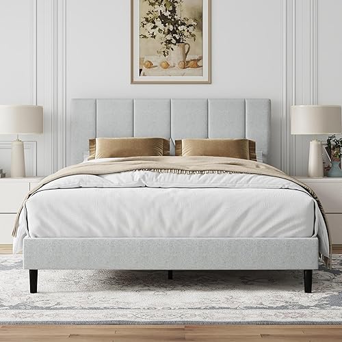 Miniatura 3 de Base de cama tamaño individual, base de cama de plataforma con cabecera tapizada de terciopelo, base de colchón tapizada individual con listones de