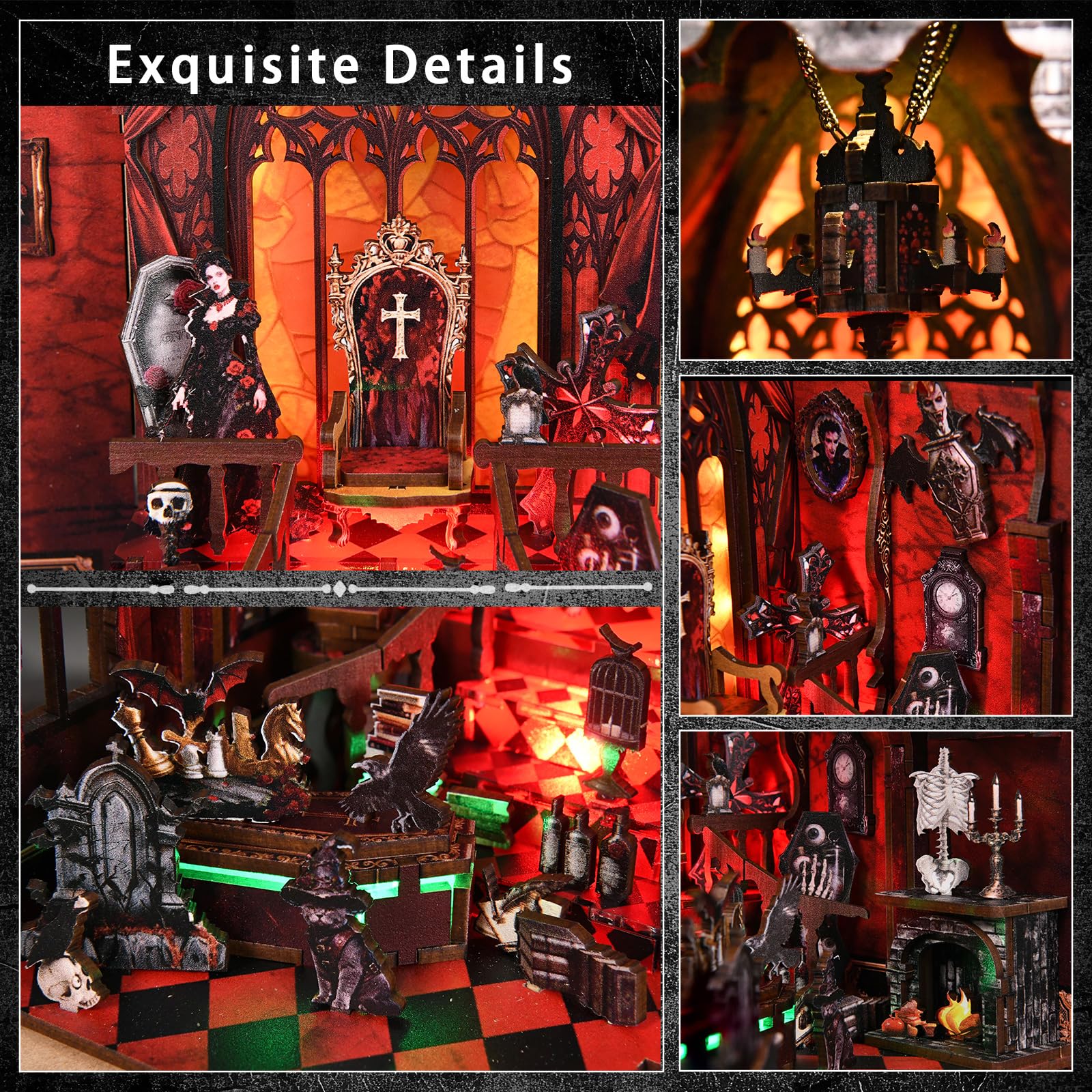 DIY Book Nook kit-Dunkler Aastle-Buchstütze Aus Holz und 3D-Puzzle mit LED-Licht, bastelset Erwachsene，Book Nook kit