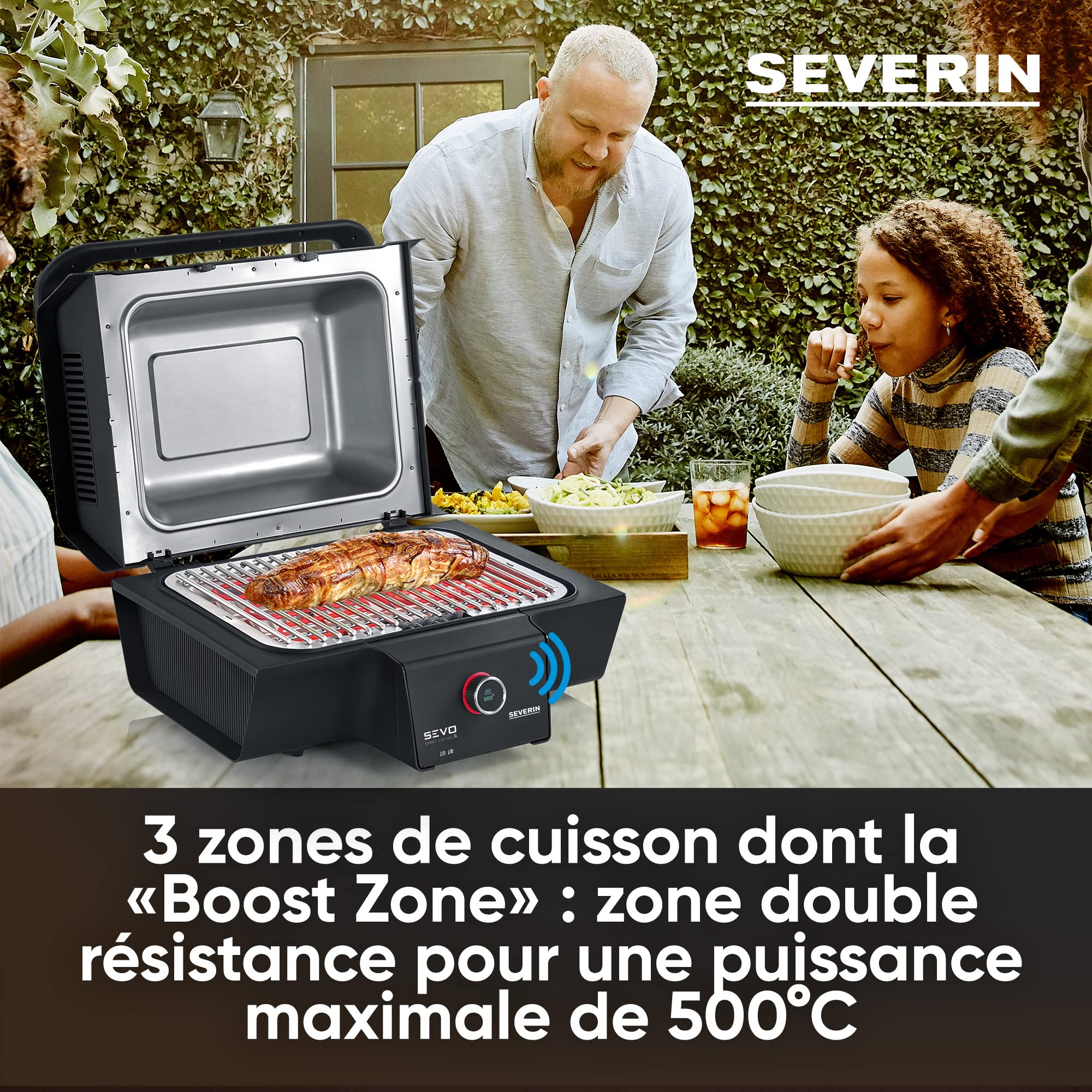SEVERIN Barbecue électrique connecté via Application Smartphone SEVO SMART CONTROL GT, Gril électrique 3 000 W avec couvercle, Gril de table avec sonde thermique, Noir, PG 8138