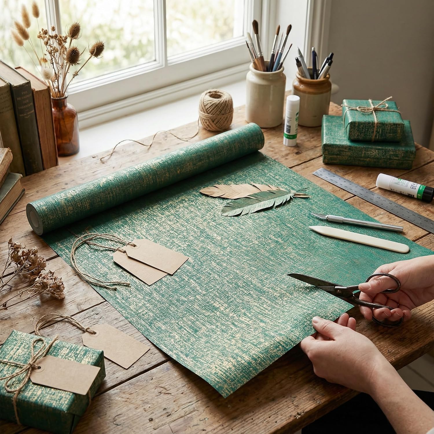 Zoyzoygo Dark Green Floral Wrapping Paper 17 in x 9.84 ft and Ribbon Set image 4